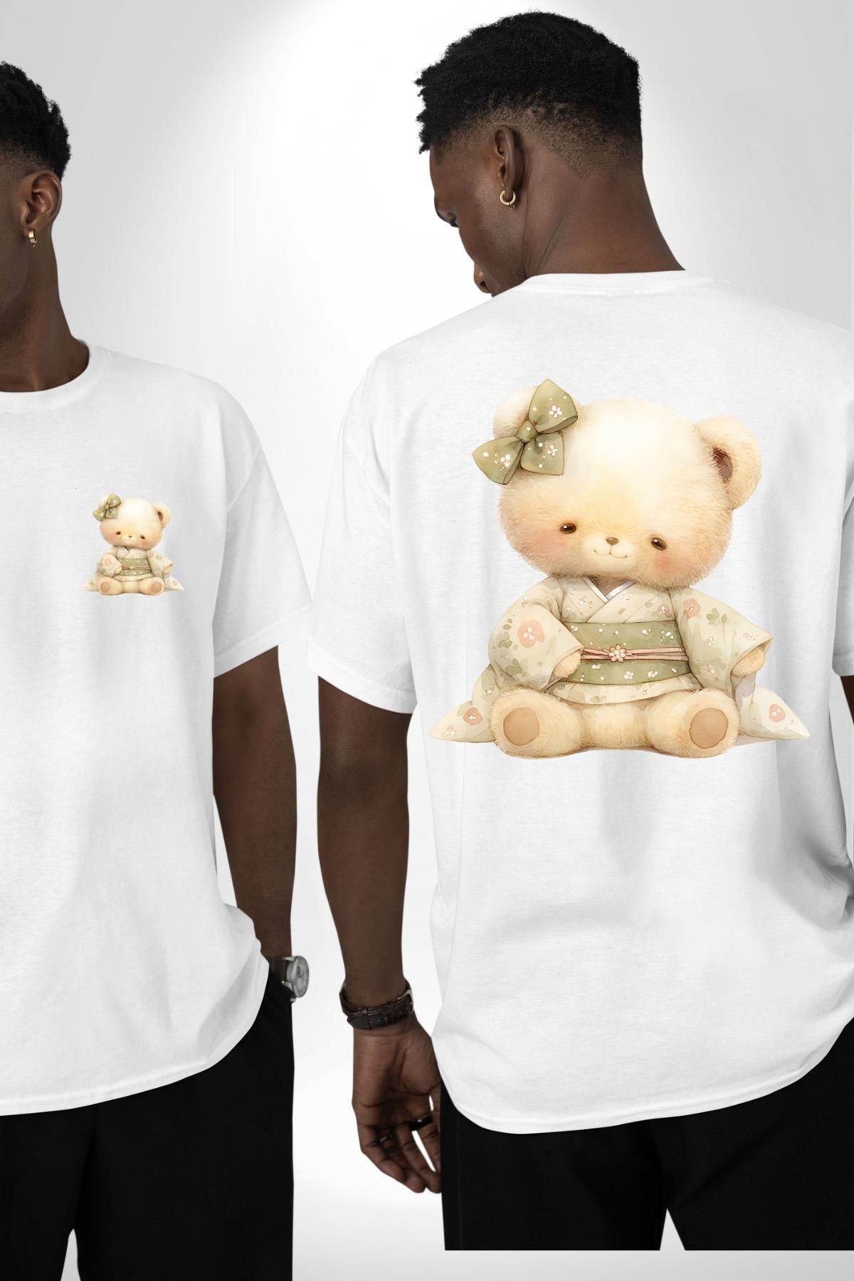 Angemiel Pastel Tonlarda Kimonolu Sevimli Ayıcık Teddy Beyaz Oversize Kadın Erkek Ön ve Sırt Baskılı Tişört