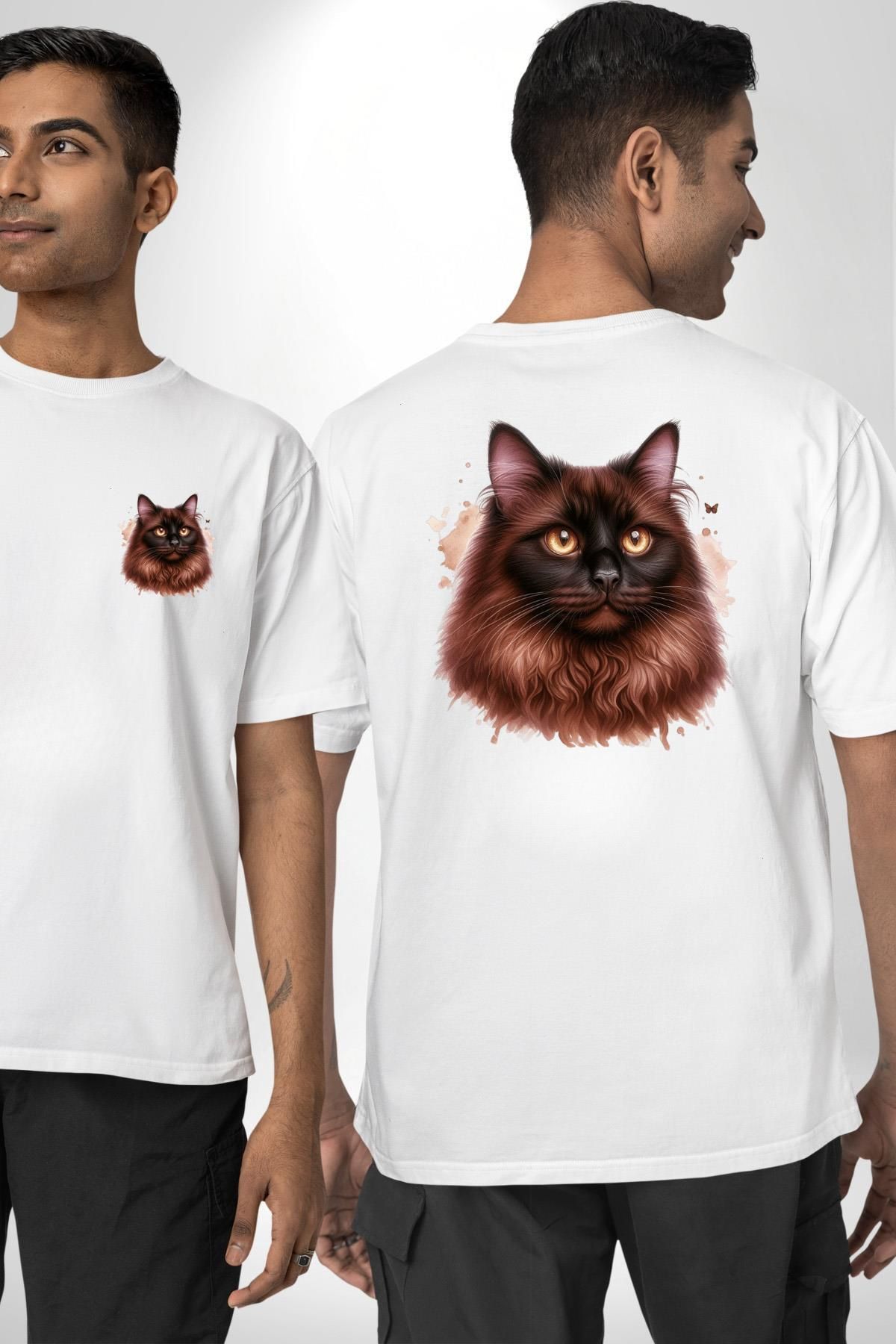 Angemiel Ragdoll Kedi Siyam Kedisinin Uzun Tüylü Versiyon Beyaz Oversize Kadın Erkek Ön ve Sırt Baskılı Tişör