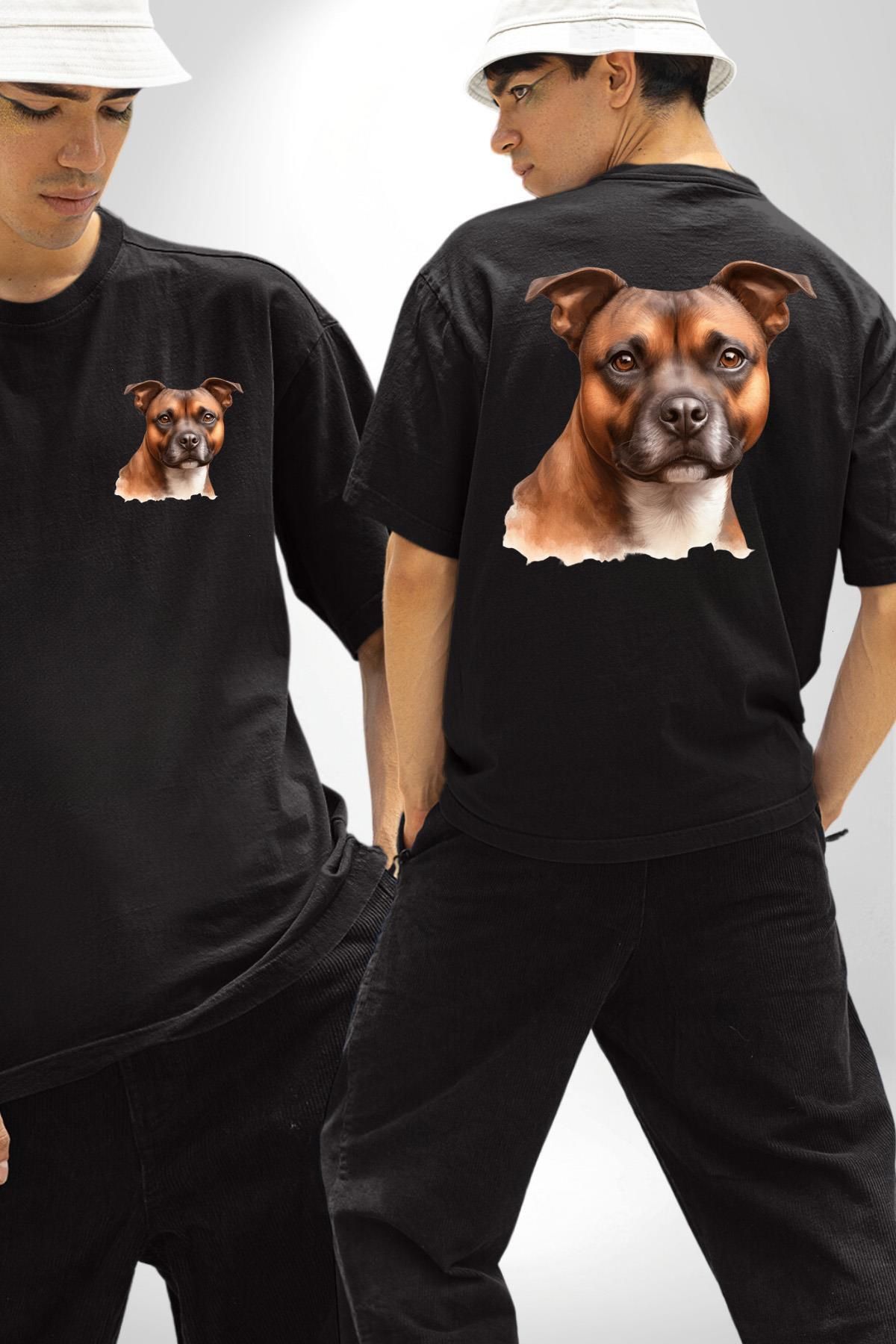 Angemiel Staffordshire Bull Terrier Köpek Siyah Oversize Kadın Erkek Ön ve Sırt Baskılı Tişört