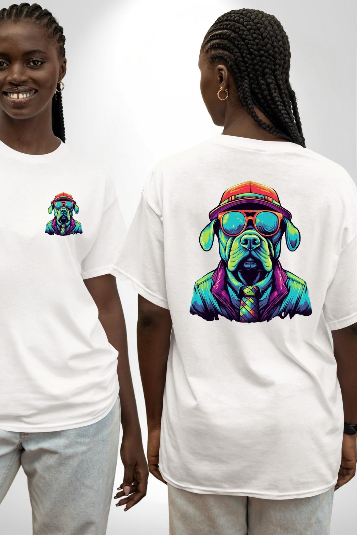 Angemiel Neon Gözlüklü Renkli Stil Köpek Beyaz Oversize Kadın Erkek Ön ve Sırt Baskılı Tişört
