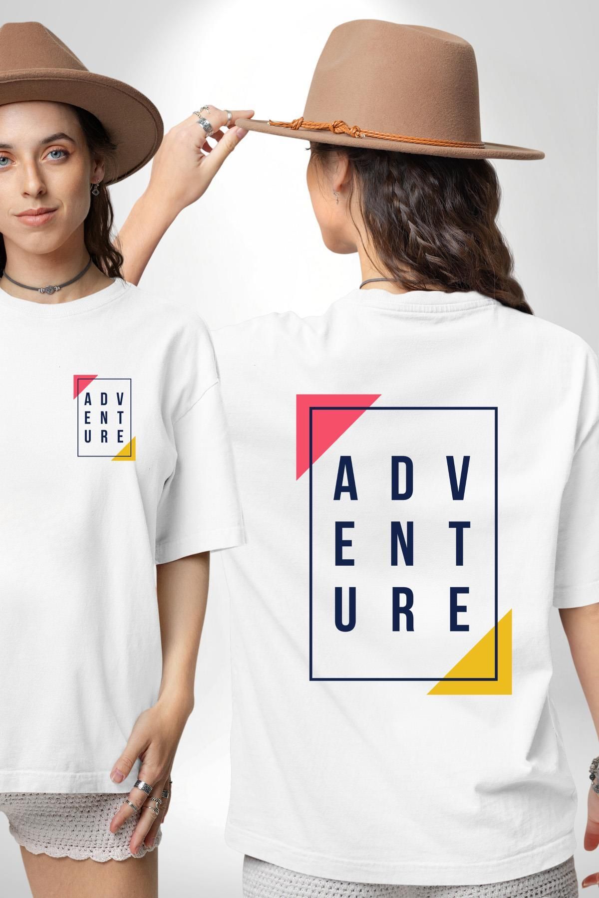 Angemiel Adventure Baskılı Minimalist Tasarım ve Grafik Beyaz Oversize Kadın Erkek Ön ve Sırt Baskılı Tişört