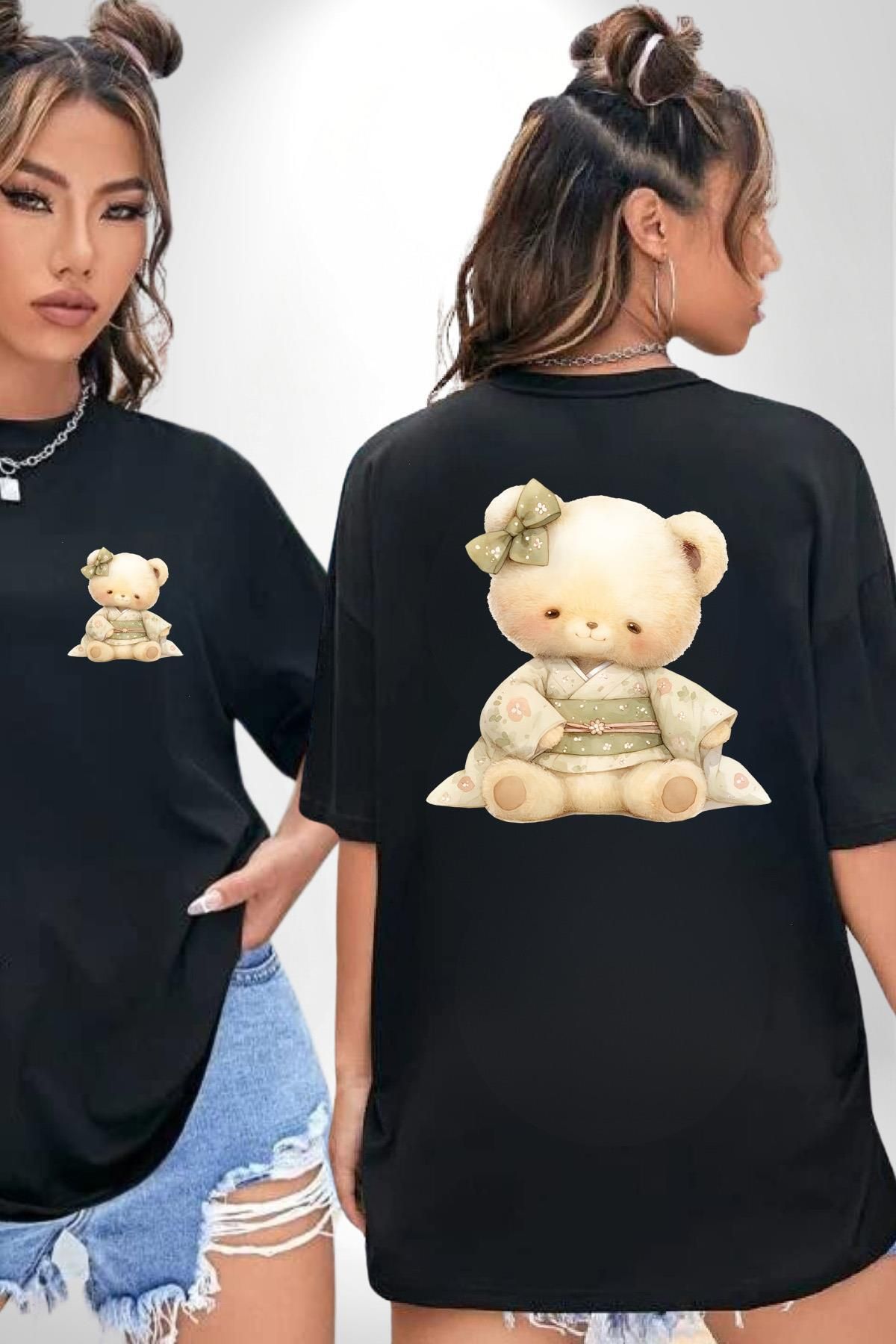 Angemiel Pastel Tonlarda Kimonolu Sevimli Ayıcık Teddy Siyah Oversize Kadın Erkek Ön ve Sırt Baskılı Tişört