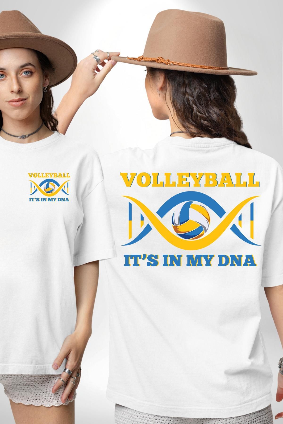 Angemiel Voleybol DNA’mda Var Yazılı Beyaz Oversize Kadın Erkek Ön ve Sırt Baskılı Tişört