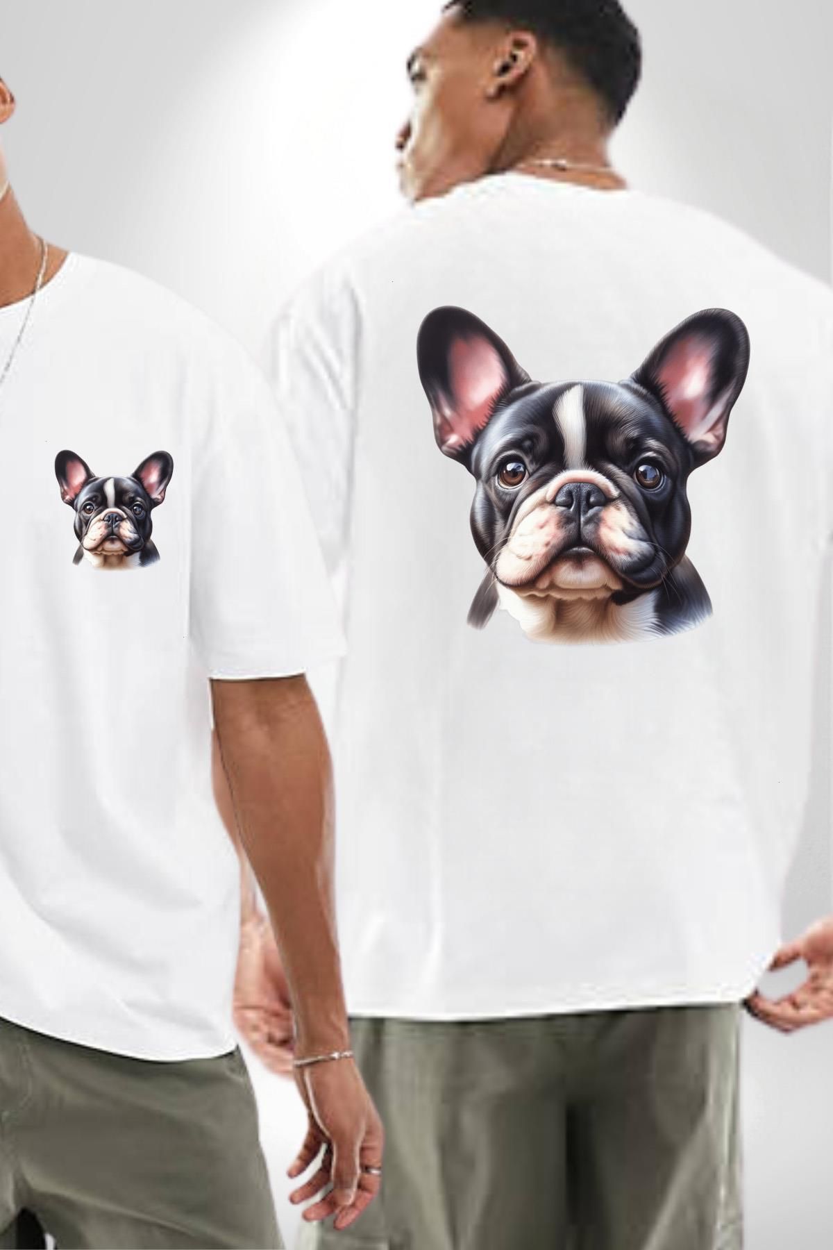 Angemiel Evcil Dost Fransız Bulldog Köpek Dostu Beyaz Oversize Kadın Erkek Ön ve Sırt Baskılı Tişört
