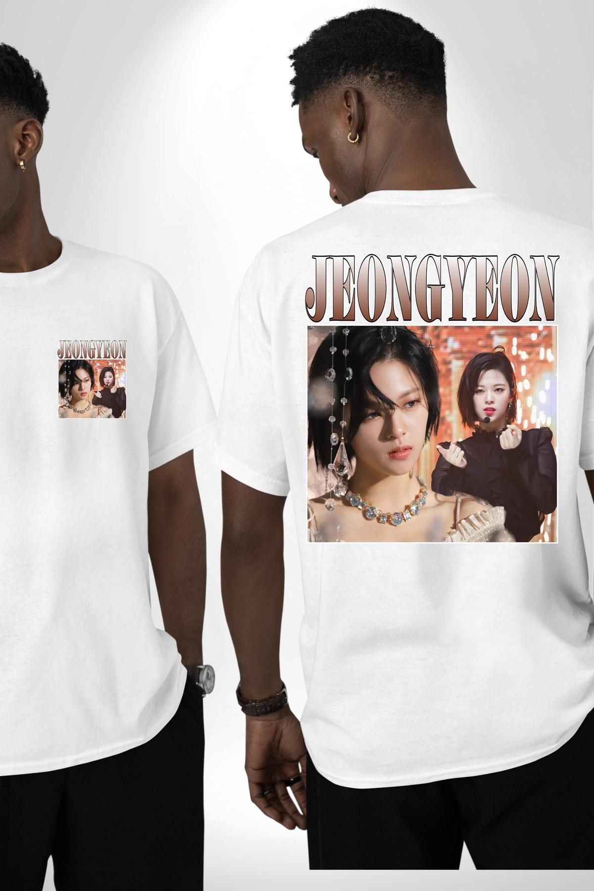 Angemiel Jeongyeon K-pop Yıldızı Şarkıcı Beyaz Oversize Kadın Erkek Ön ve Sırt Baskılı Tişört