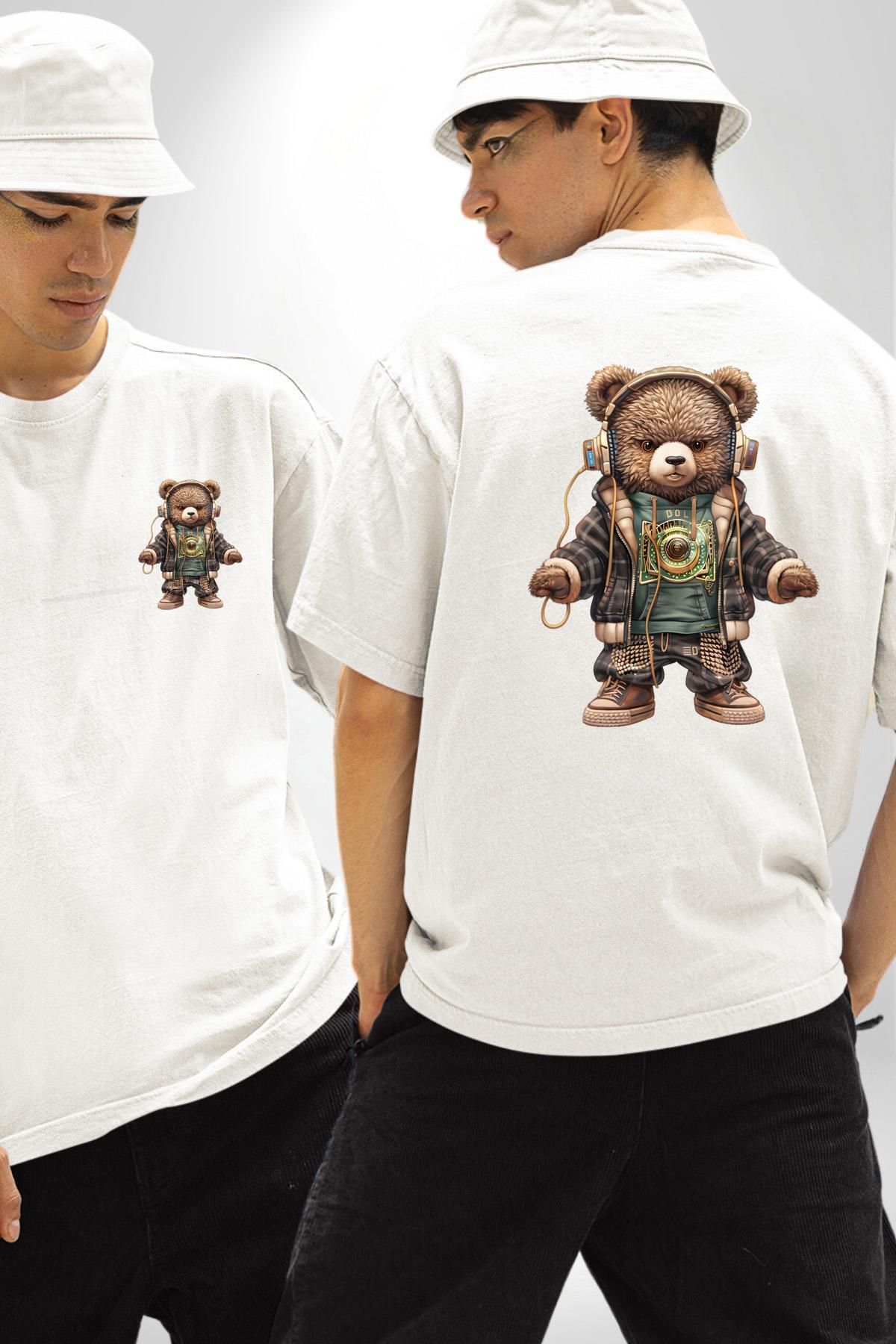 Angemiel Kulaklık Yeni Nesil Müzik Dinleyen Teddy Beyaz Oversize Kadın Erkek Ön ve Sırt Baskılı Tişört