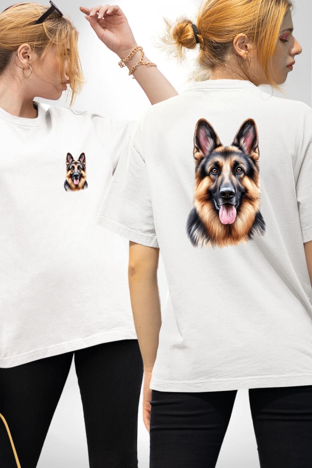 Angemiel Efsane Alman Çoban Köpeği Aşk Köpek Dostu Beyaz Oversize Kadın Erkek Ön ve Sırt Baskılı Tişört