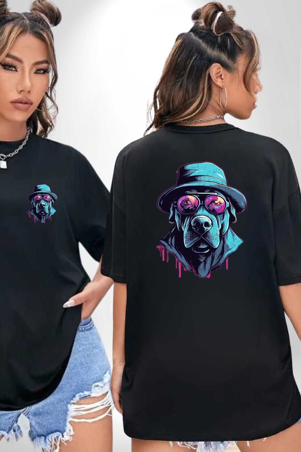 Angemiel Sert Bakışlı Şapkalı Köpek Siyah Oversize Kadın Erkek Ön ve Sırt Baskılı Tişört