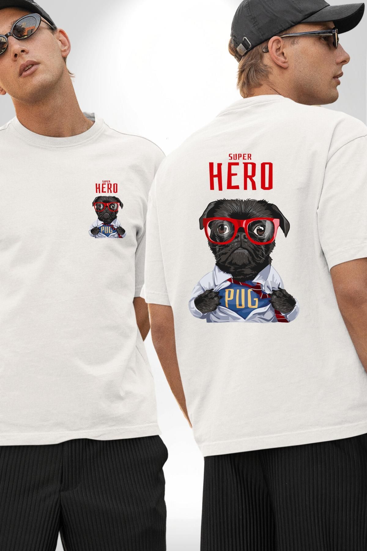 Angemiel Süper Pug Kahraman Köpek Beyaz Oversize Kadın Erkek Ön ve Sırt Baskılı Tişört