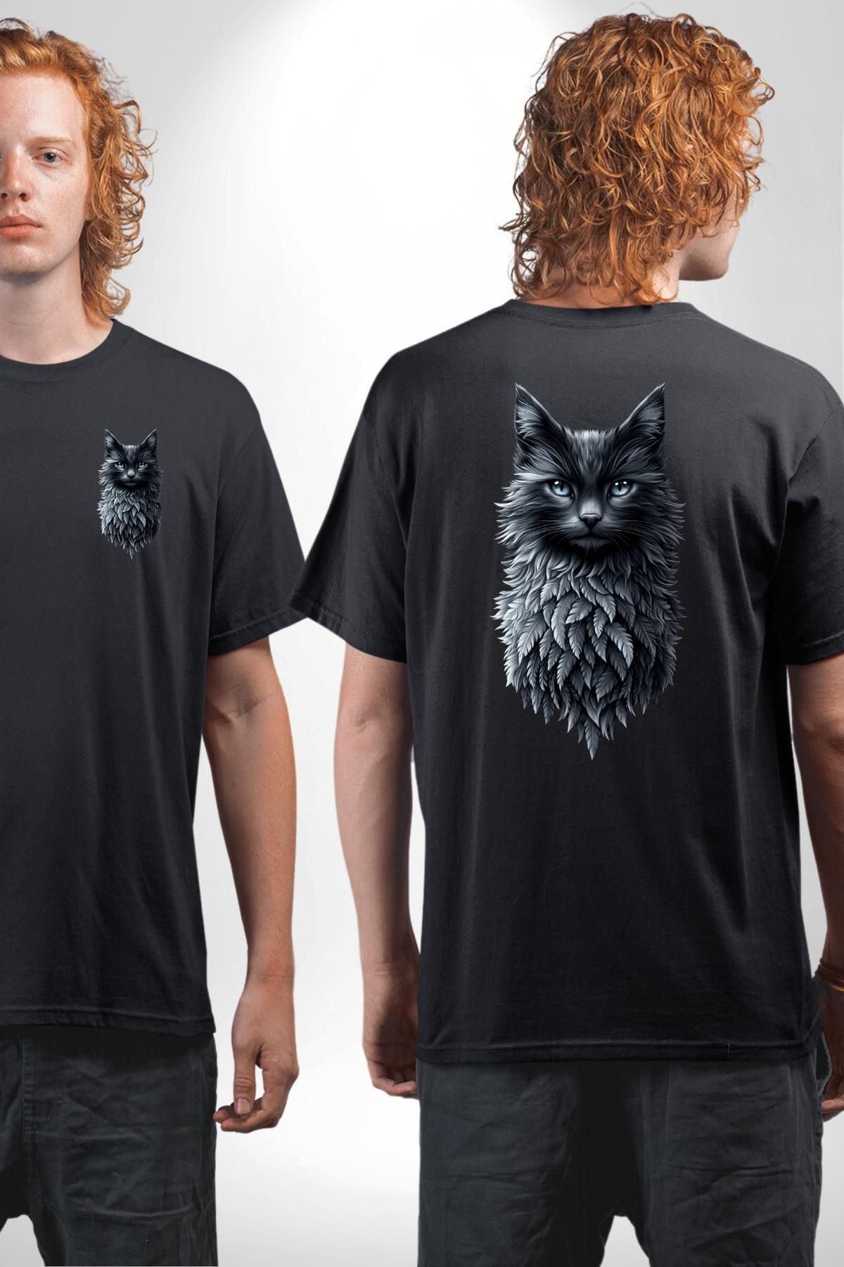 Angemiel Gotik Ruhlu Doğa ve Kedi Siyah Oversize Kadın Erkek Ön ve Sırt Baskılı Tişört