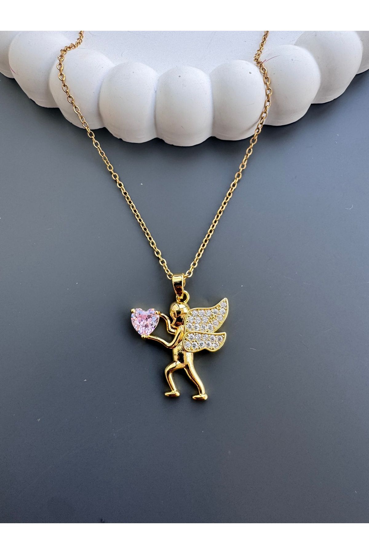shop SEVGİ MELEĞİ PEMBE KALPLİ ÇELİK KOLYE