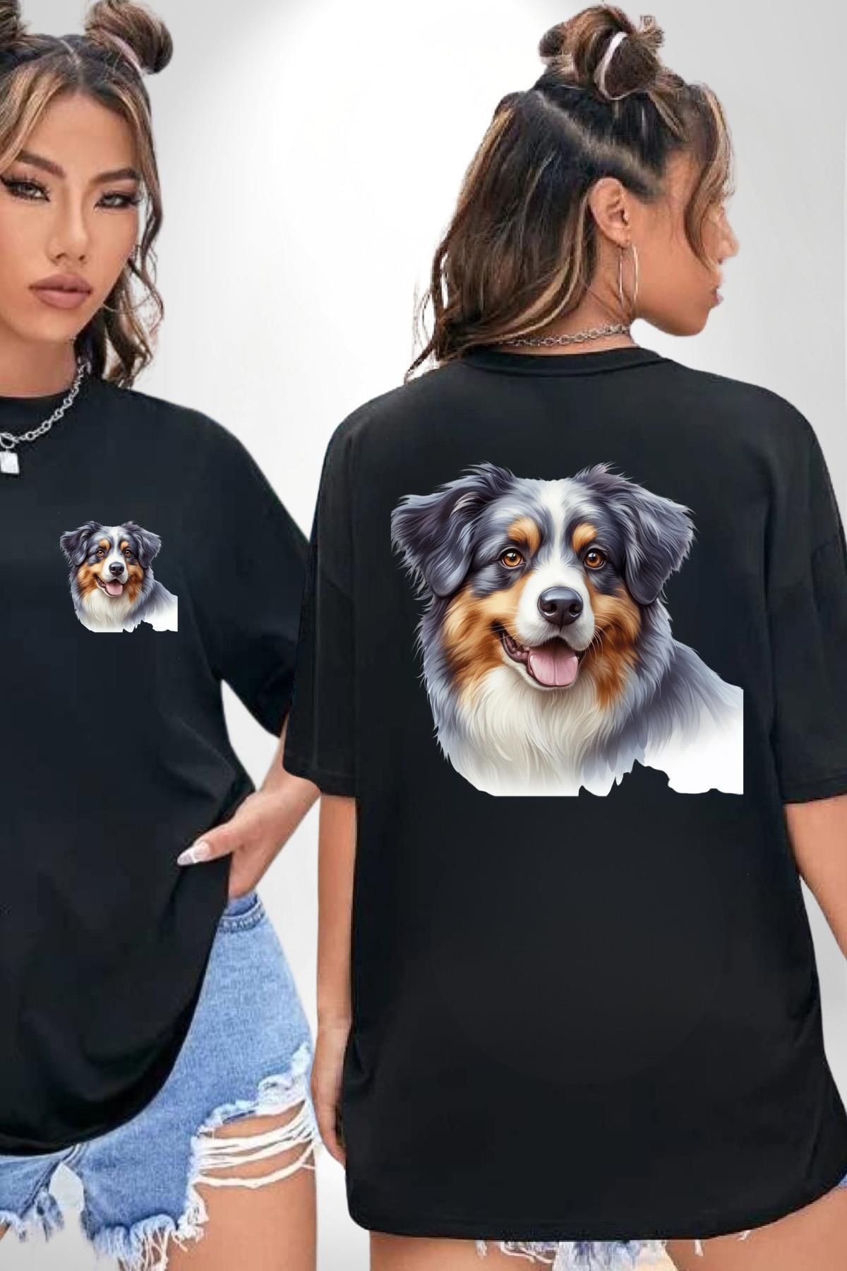 Angemiel Zeki Australian Shepherd Köpek Tasarımı Siyah Oversize Kadın Erkek Ön ve Sırt Baskılı Tişört