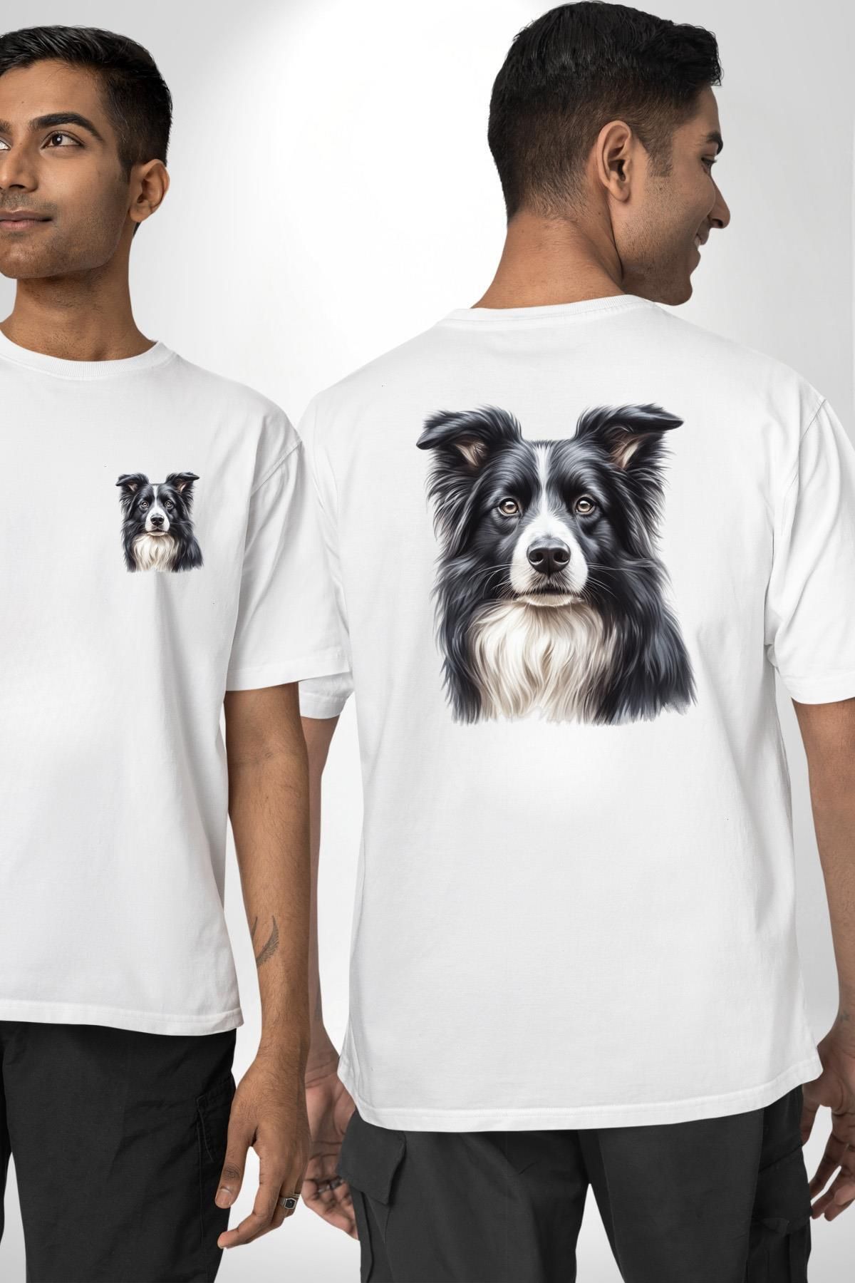 Angemiel Tatlı Border Collie Enerjik Zeki Köpek Tasarımı Beyaz Oversize Kadın Erkek Ön ve Sırt Baskılı Tişört