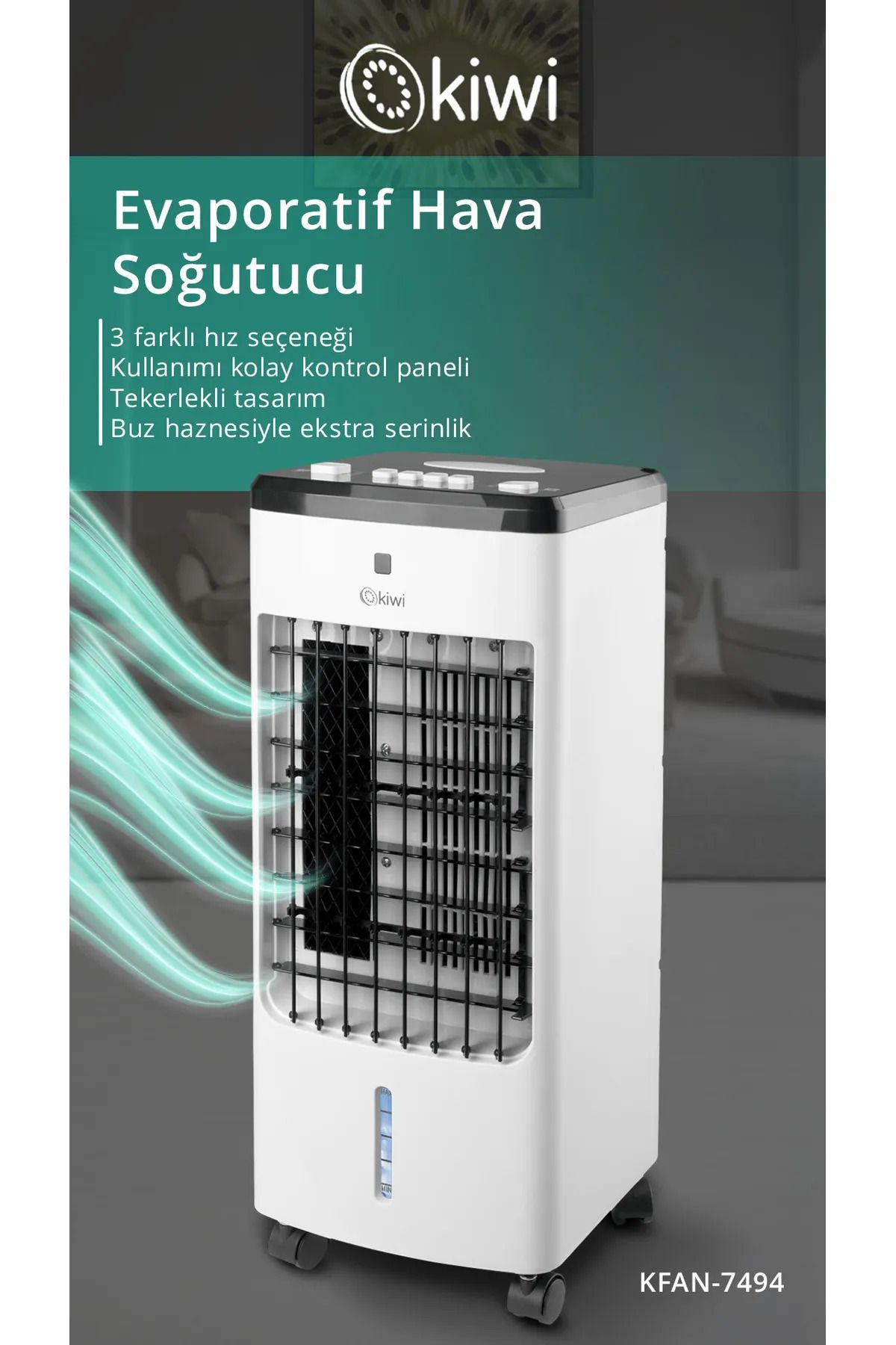 Kiwi Sulu Portatif Soğutucu 60 Watt Kfan-7494 3'ü 1 Arada Hava temizleyici ve Nemlendiricili