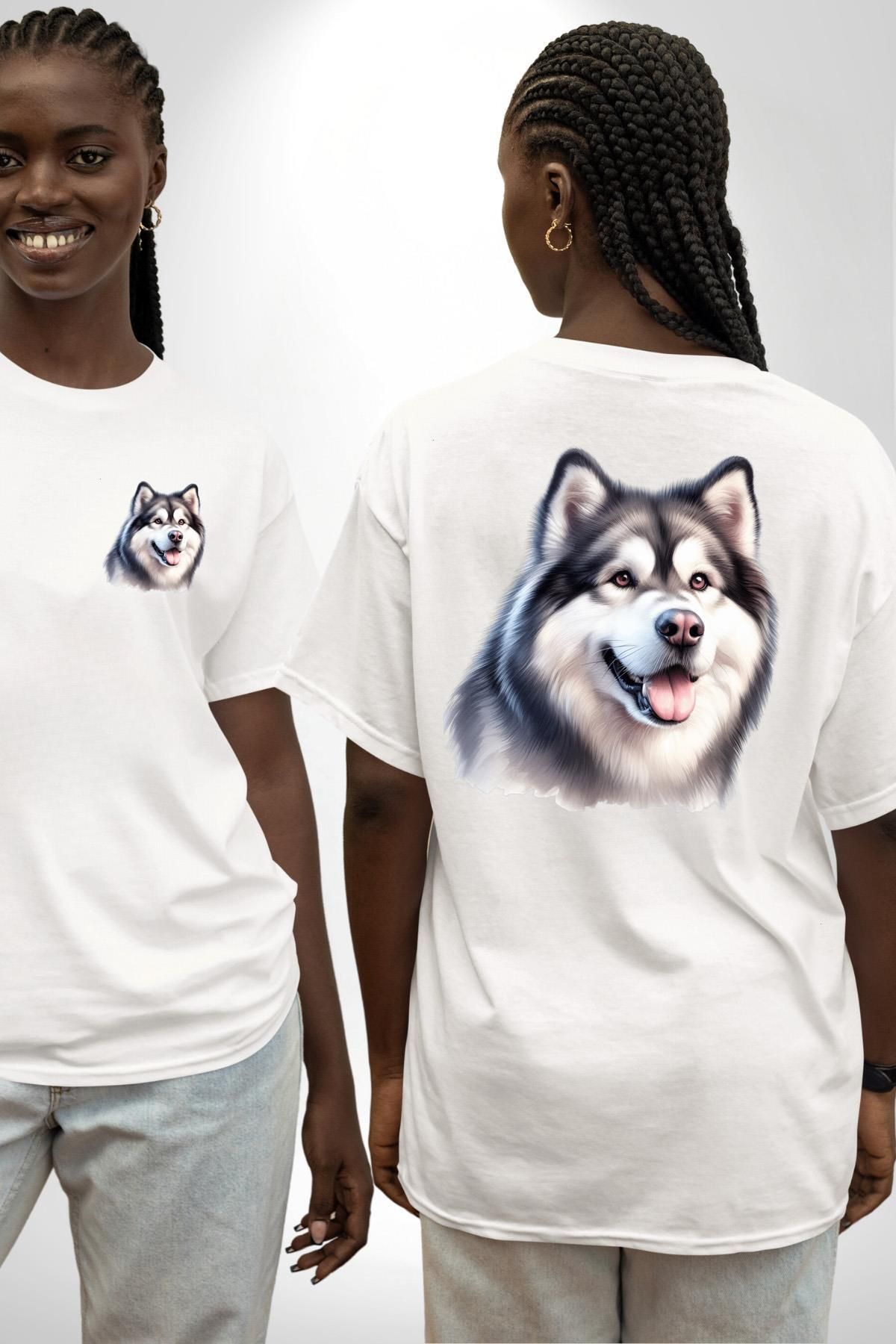 Angemiel Alaskan Malamute Köpek Tasarımı Beyaz Oversize Kadın Erkek Ön ve Sırt Baskılı Tişört
