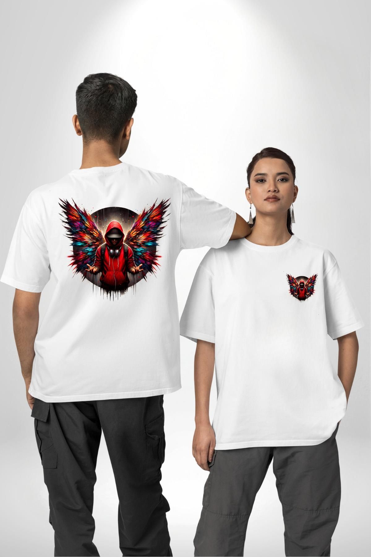 Angemiel Hip Hop Stil Kırmızı Kapüşonlu Kanatlı Erkek Beyaz Oversize Kadın Erkek Ön ve Sırt Baskılı Tişört