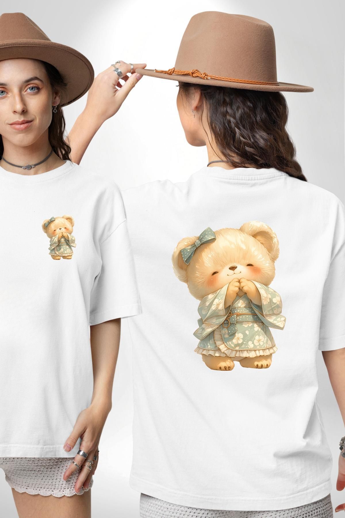 Angemiel Mavi Çiçekli Kimono Elbiseli Ayıcık Teddy Beyaz Oversize Kadın Erkek Ön ve Sırt Baskılı Tişört