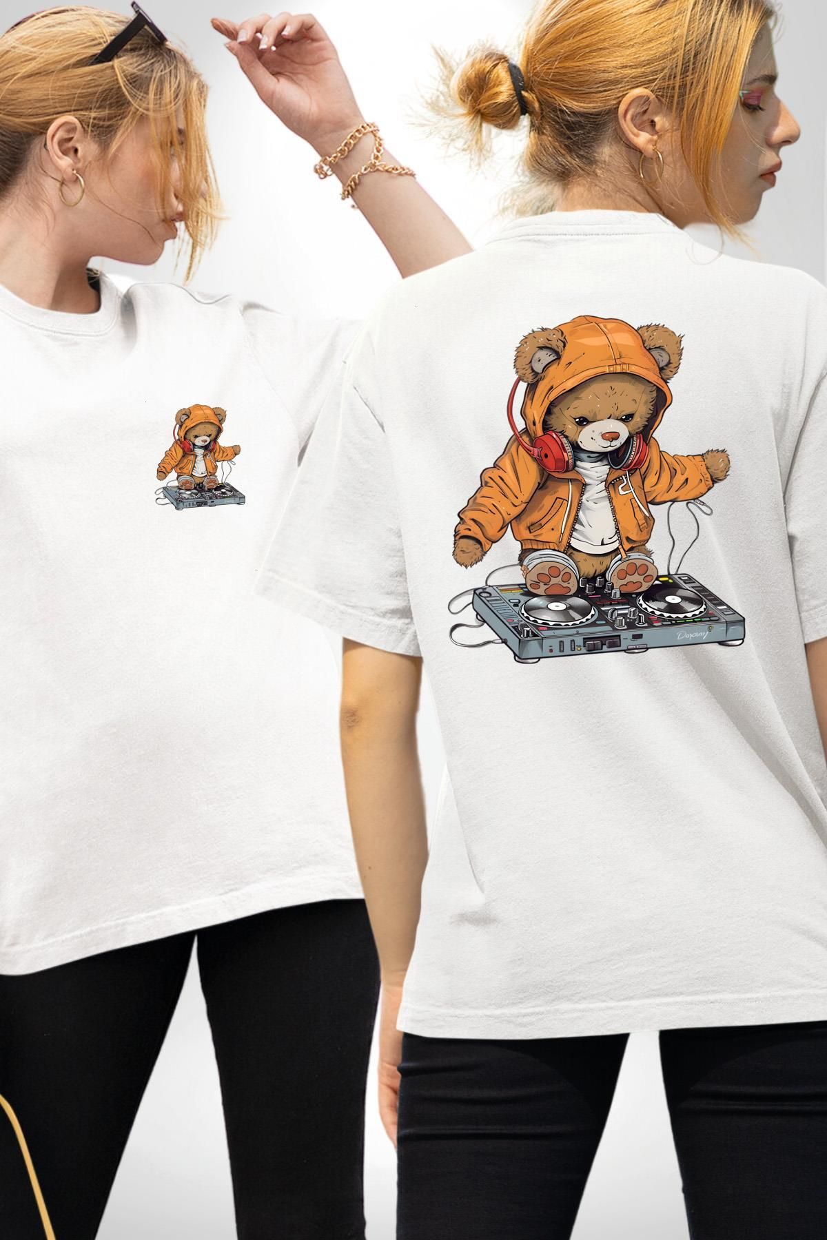 Angemiel DJ Ayıcık Müzik Temalı Kapüşonlu Teddy Beyaz Oversize Kadın Erkek Ön ve Sırt Baskılı Tişört