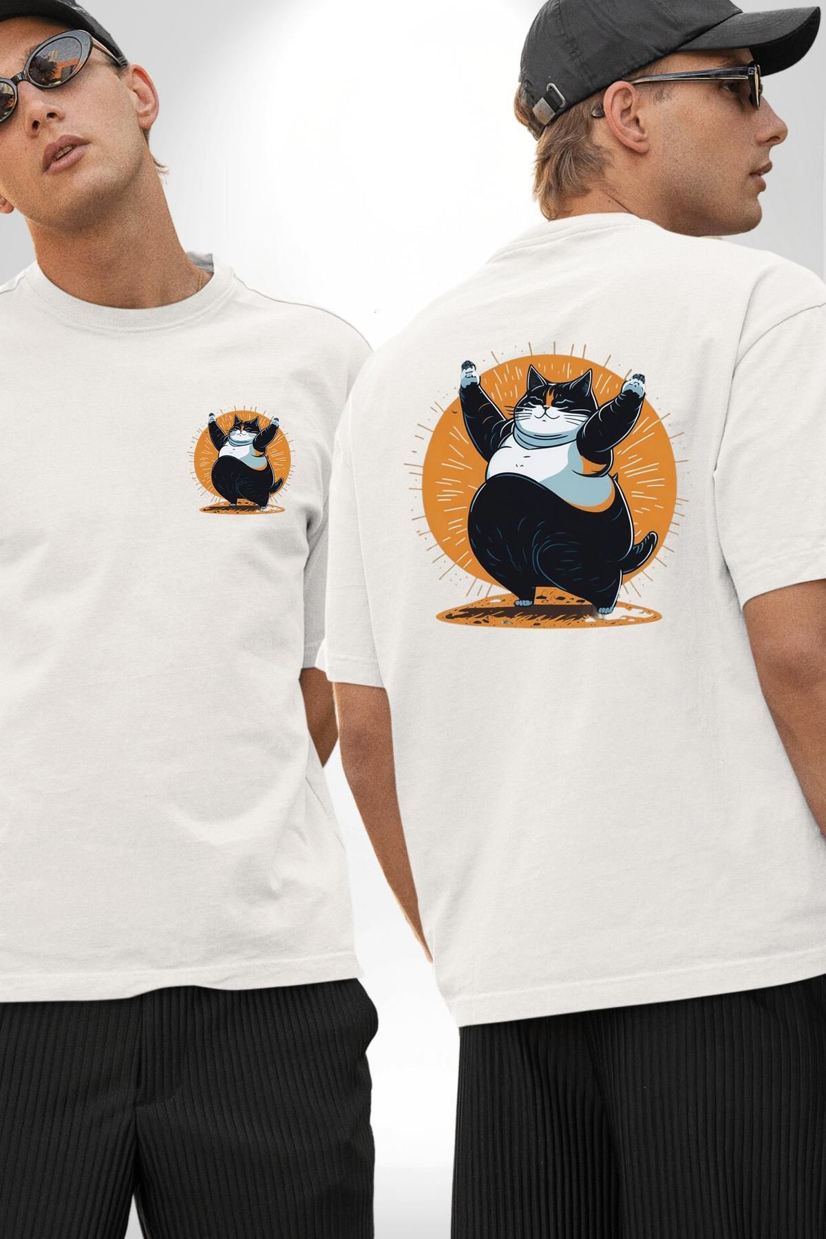 Angemiel Komik Şişman Yoga Kedi Beyaz Oversize Kadın Erkek Ön ve Sırt Baskılı Tişört