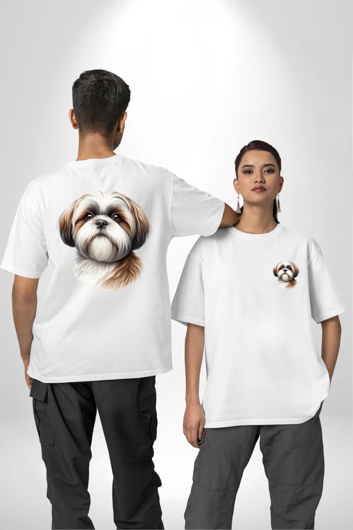 Angemiel Neşeli Shih Tzu Küçük Irk Köpek Dostu Beyaz Oversize Kadın Erkek Ön ve Sırt Baskılı Tişört