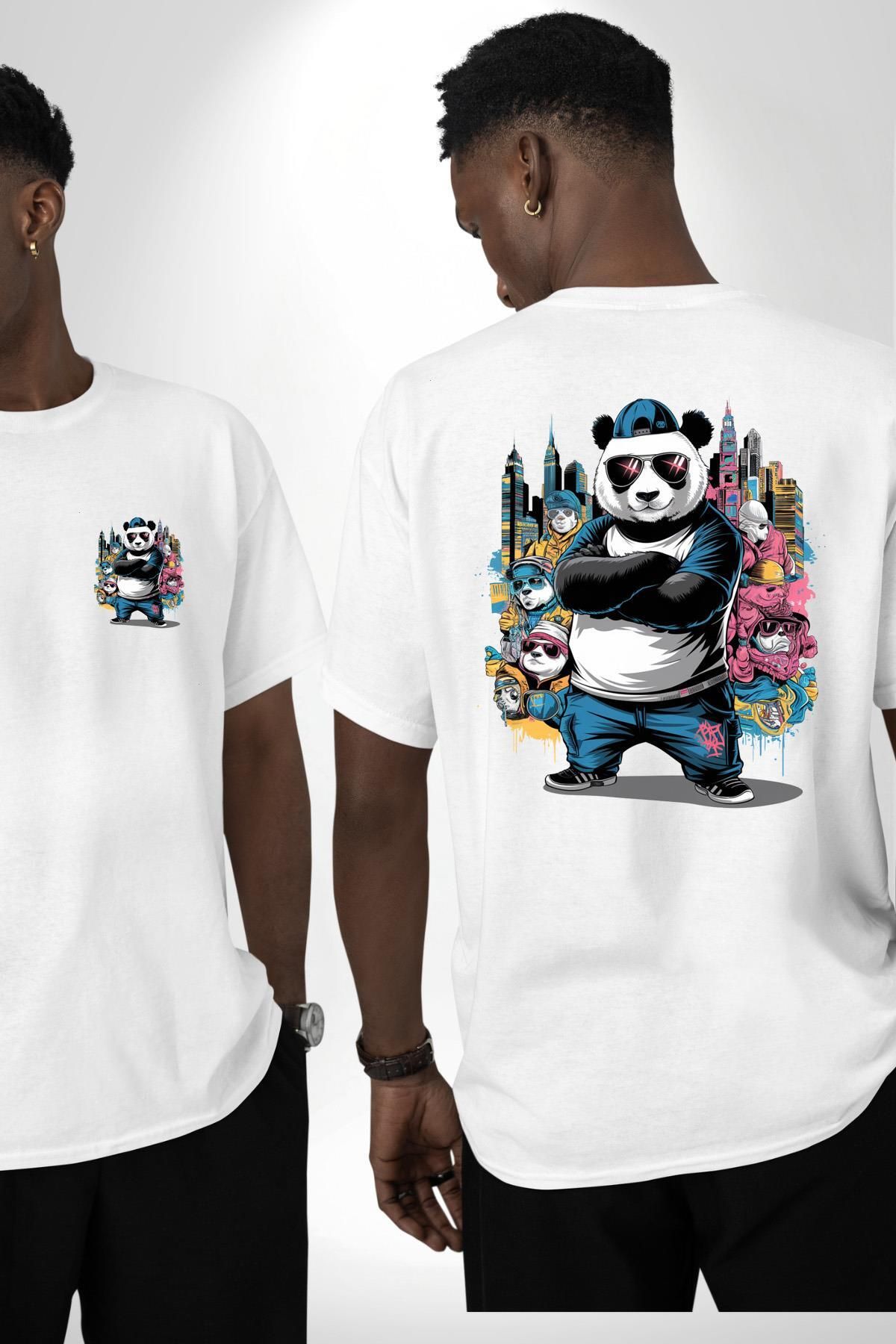 Angemiel Gangster Panda Hip-Hop Cool Panda Beyaz Oversize Kadın Erkek Ön ve Sırt Baskılı Tişört