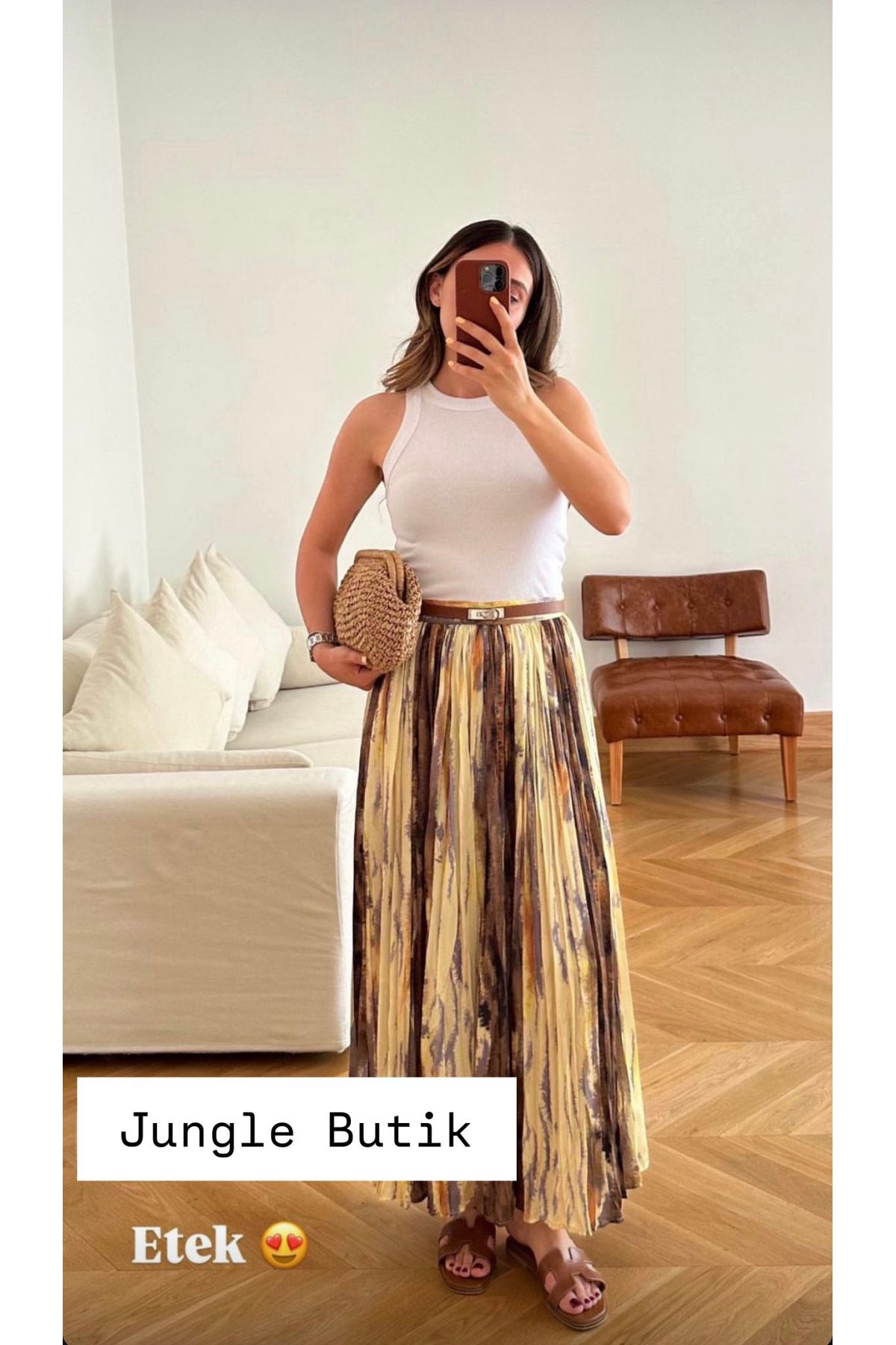 qstyle Desenli Kraşlı Sarı Saten Etek Bymen Model