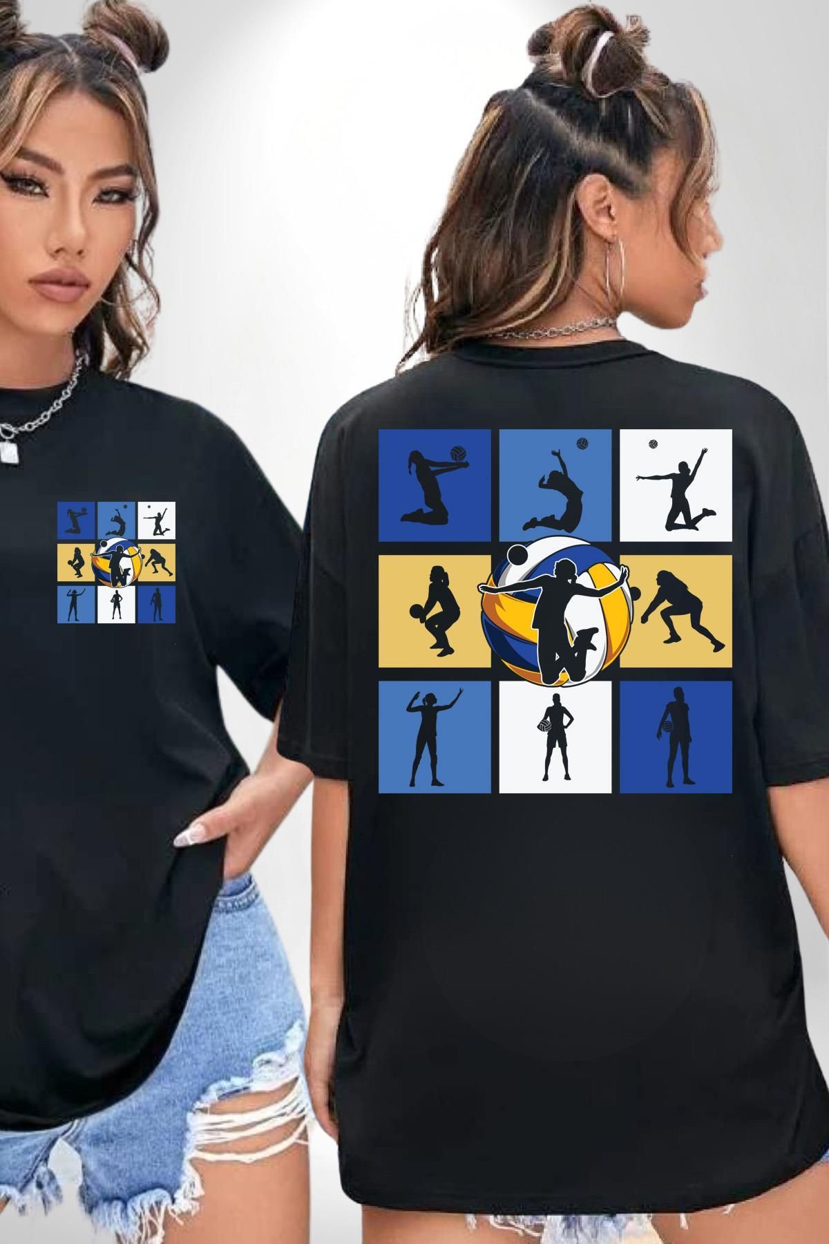 Angemiel Voleybol Siluet Kolaj Desenli Siyah Oversize Kadın Erkek Ön ve Sırt Baskılı Tişört