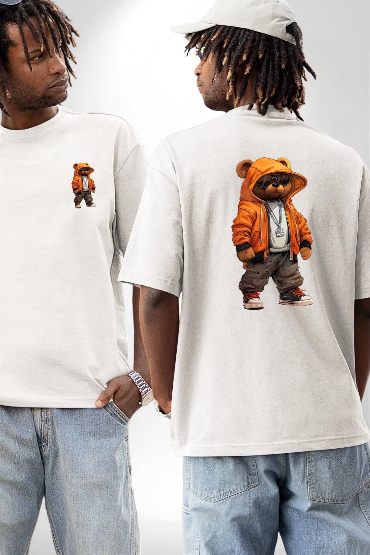 Angemiel Hip Hop Turuncu Kapüşonlu Urban Stil Ayıcık Beyaz Oversize Kadın Erkek Ön ve Sırt Baskılı Tişört