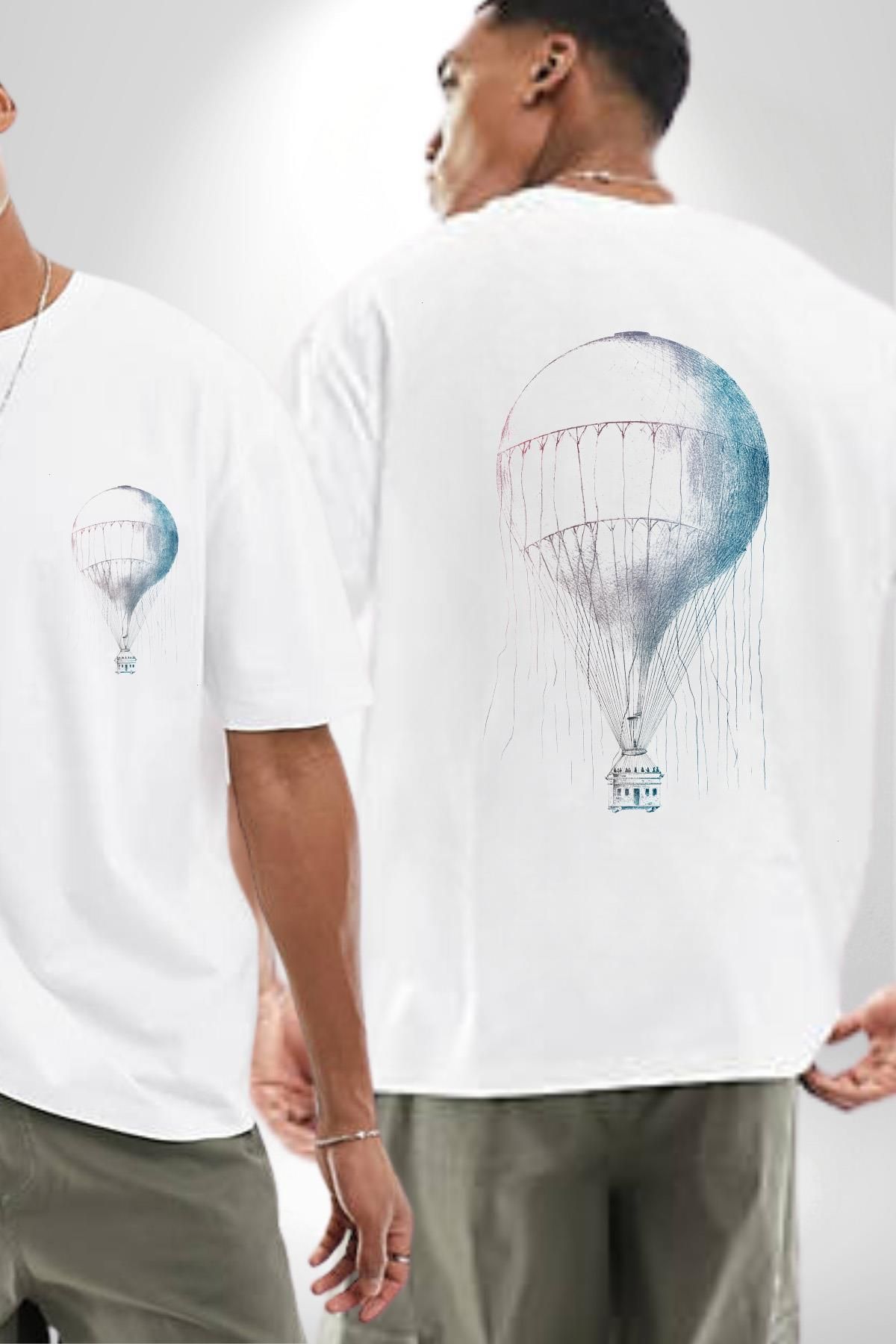 Angemiel Antik Sıcak Hava Balonu Dijital Sanat Beyaz Oversize Kadın Erkek Ön ve Sırt Baskılı Tişört