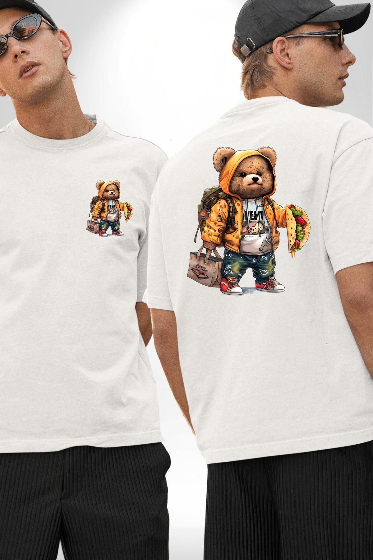 Angemiel Modern Stil Sırt Çantalı Ayıcık Taco Teddy Beyaz Oversize Kadın Erkek Ön ve Sırt Baskılı Tişört