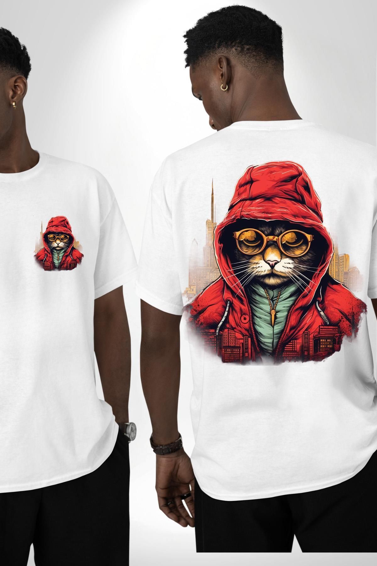Angemiel Kapüşonlu Kedi Desenli Beyaz Oversize Kadın Erkek Ön ve Sırt Baskılı Tişört