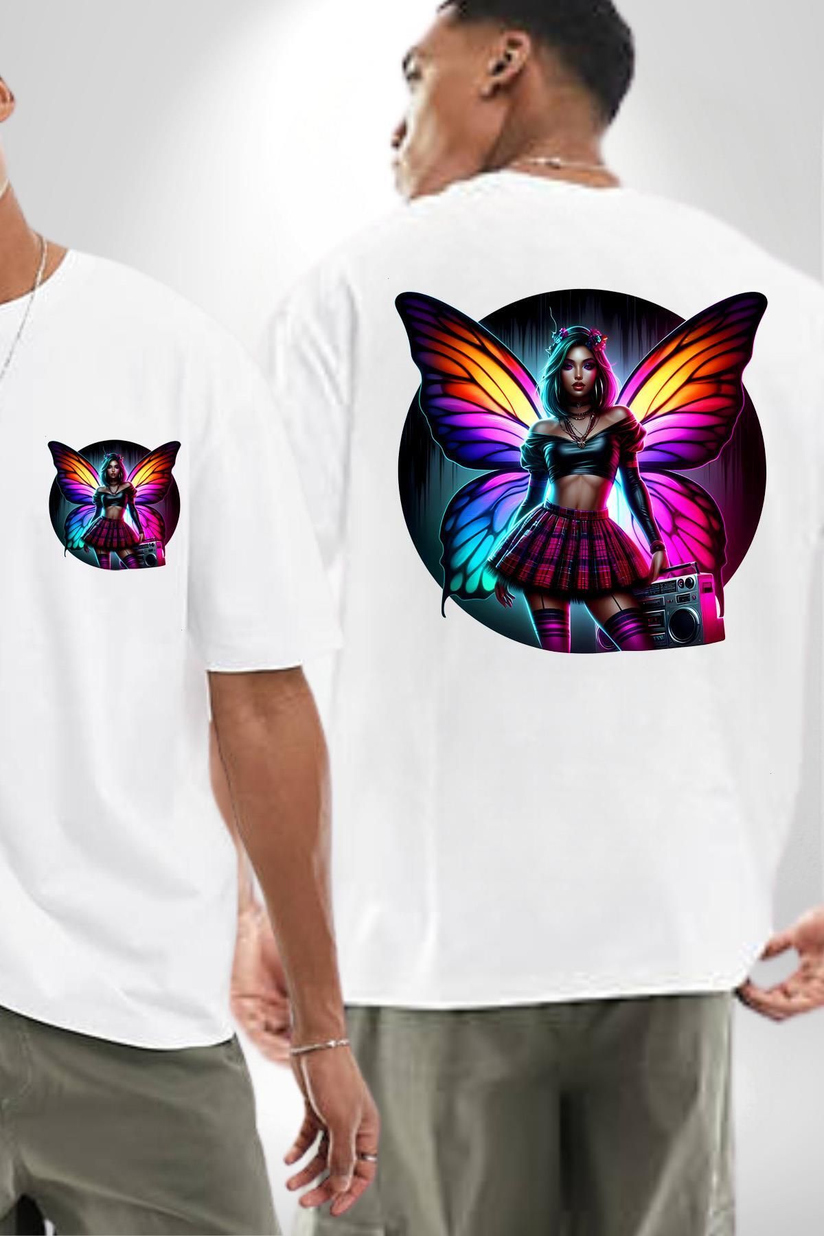 Angemiel Crop Top Etek Retro Boom Box Plak Genç Kız Beyaz Oversize Kadın Erkek Ön ve Sırt Baskılı Tişört