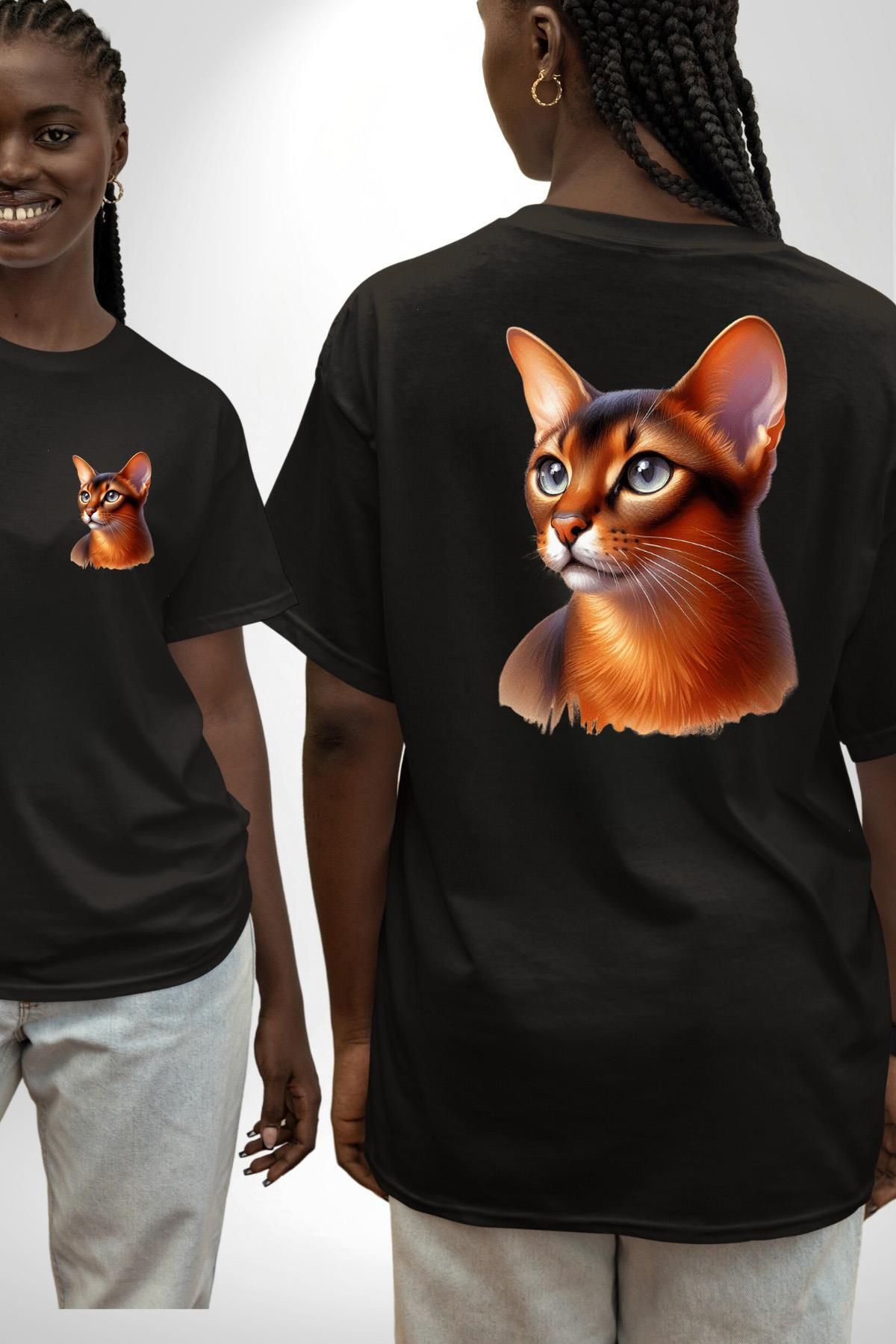 Angemiel Habeş Kedi Severler Siyah Oversize Kadın Erkek Ön ve Sırt Baskılı Tişört