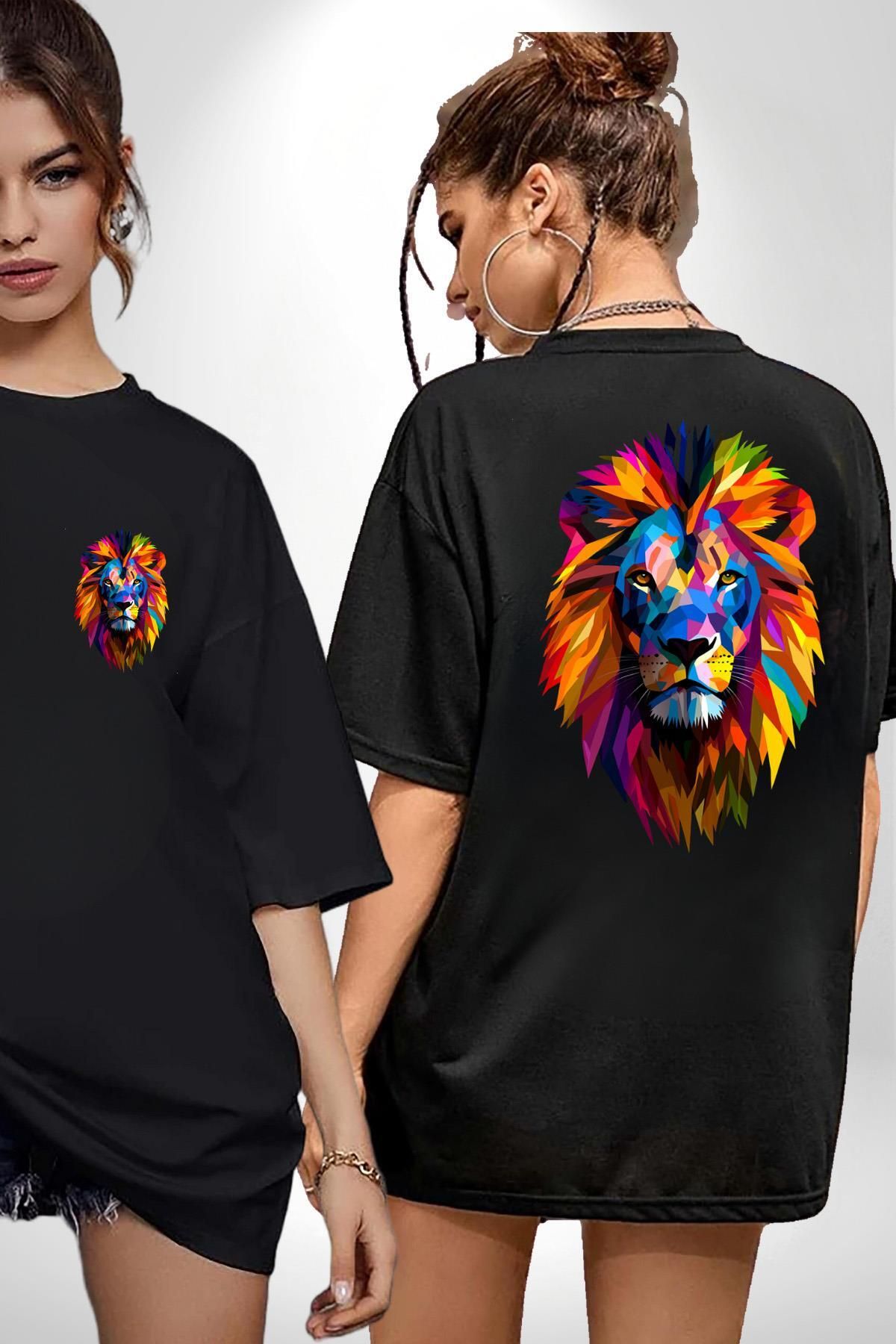 Angemiel Pop Art Aslan Cesaret Temalı Siyah Oversize Kadın Erkek Ön ve Sırt Baskılı Tişört