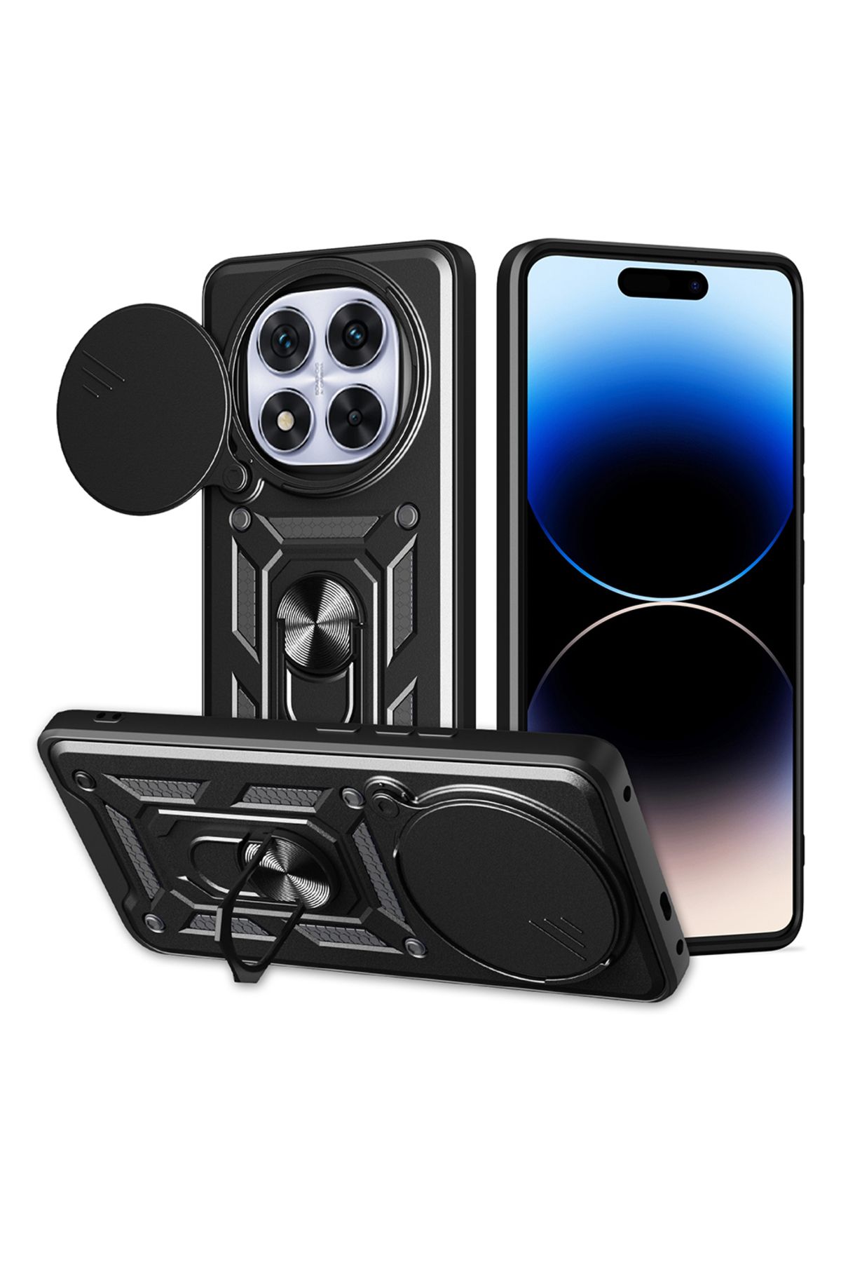 GRABONO Redmi Note 14 Pro Plus Kılıf Mıknatıslı Araç Tutuculu Yüzük ve Kapaklı Lens Korumalı Sürgülü Tank