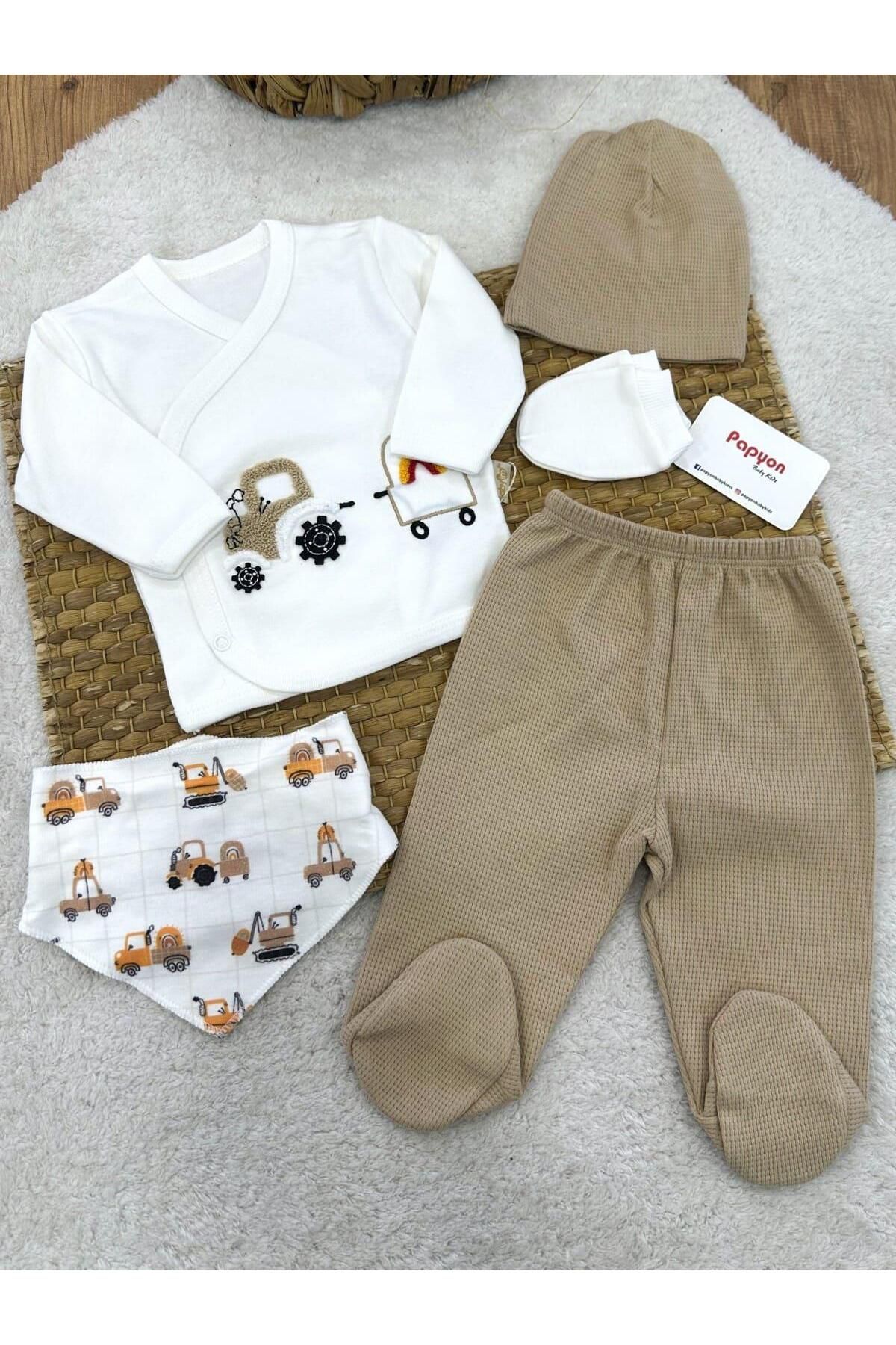 Papyon Baby Kids Traktör Nakışlı Yenidoğan Erkek Bebek 5li Zıbın Set