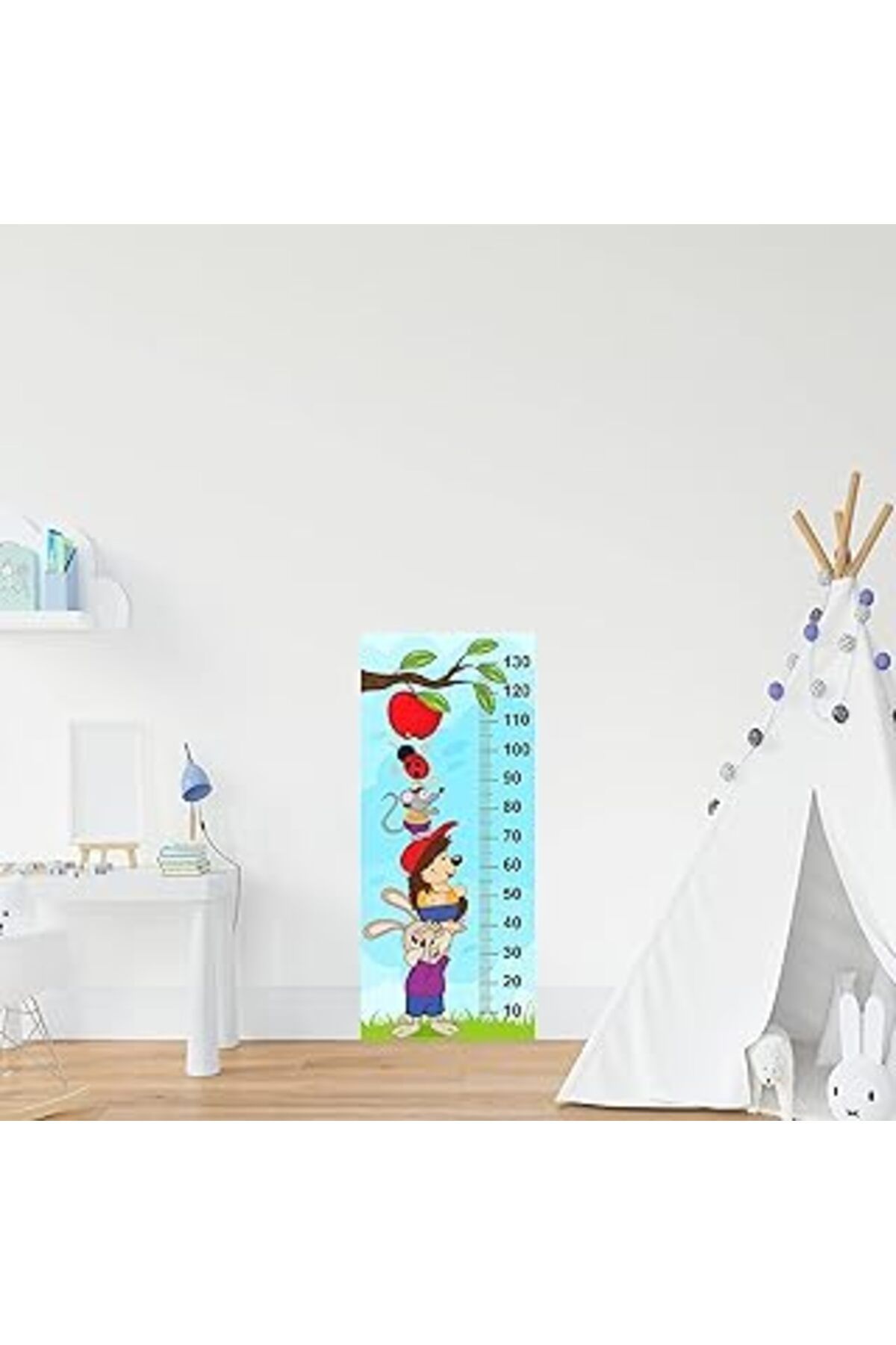 Mu Art Ahşap Çocuk Odası Bebek Odası Boy Ölçer Boy Cetveli Sticker Hayvanlar Elma