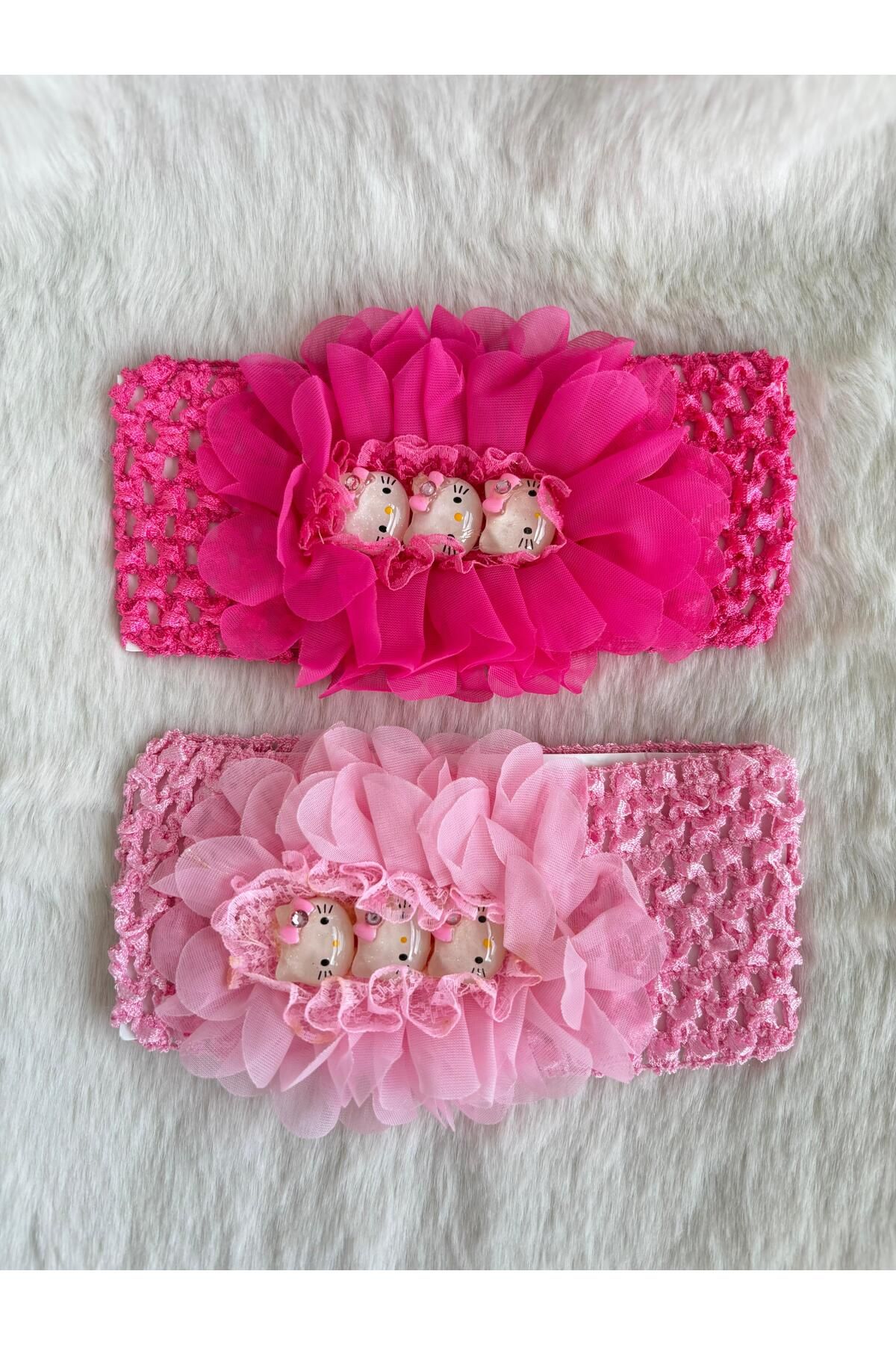 AyKoş aksesuar Hello Kitty 2'li Pembe Beyaz Fuşya Kız Çocuk Bebek Bandana