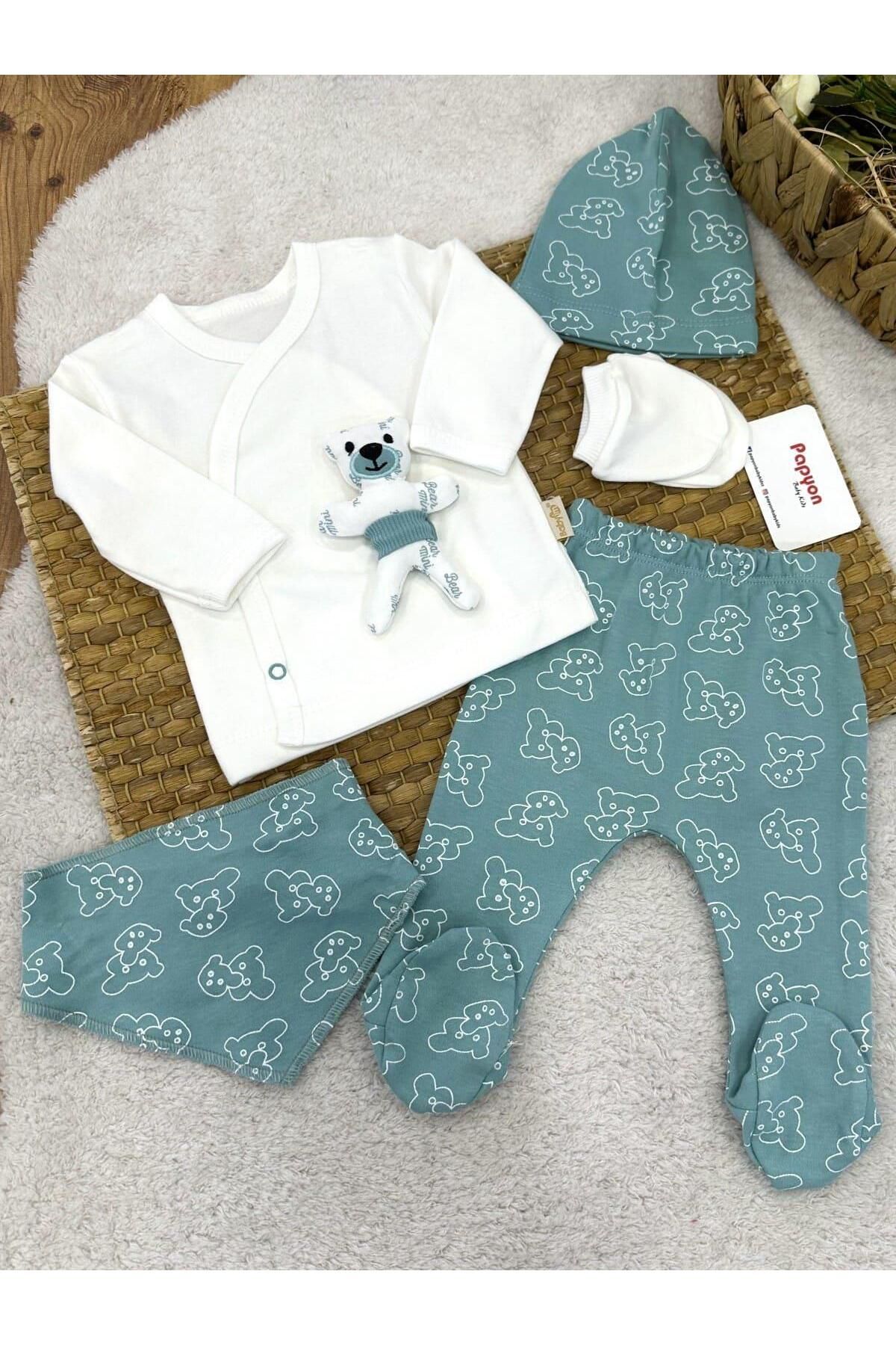 Papyon Baby Kids Ayıcık Aksesuarlı Yenidoğan Erkek Bebek 5li Zıbın Set