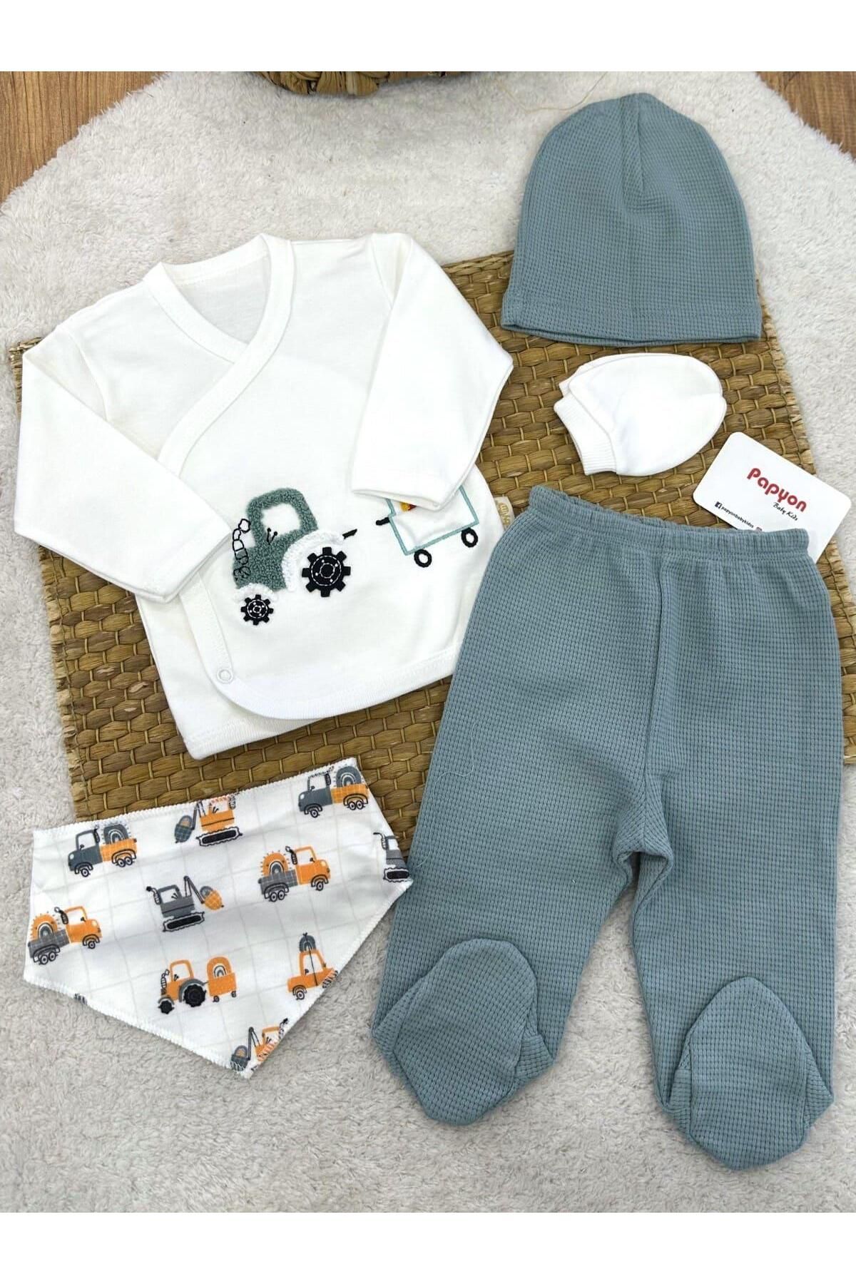 Papyon Baby Kids Traktör Nakışlı Yenidoğan Erkek Bebek 5li Zıbın Set