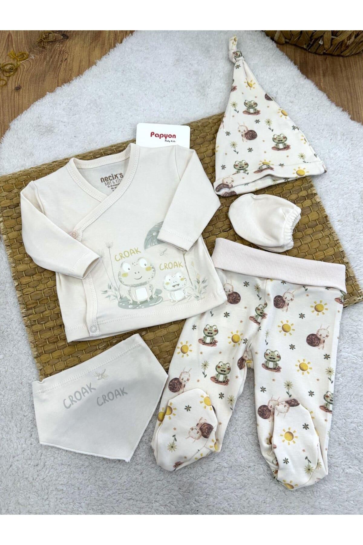 Papyon Baby Kids Kurbağa Baskılı Yenidoğan Erkek Bebek 5li Zıbın Set