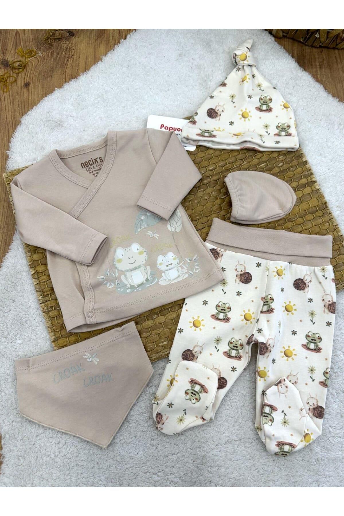 Papyon Baby Kids Kurbağa Baskılı Yenidoğan Erkek Bebek 5li Zıbın Set