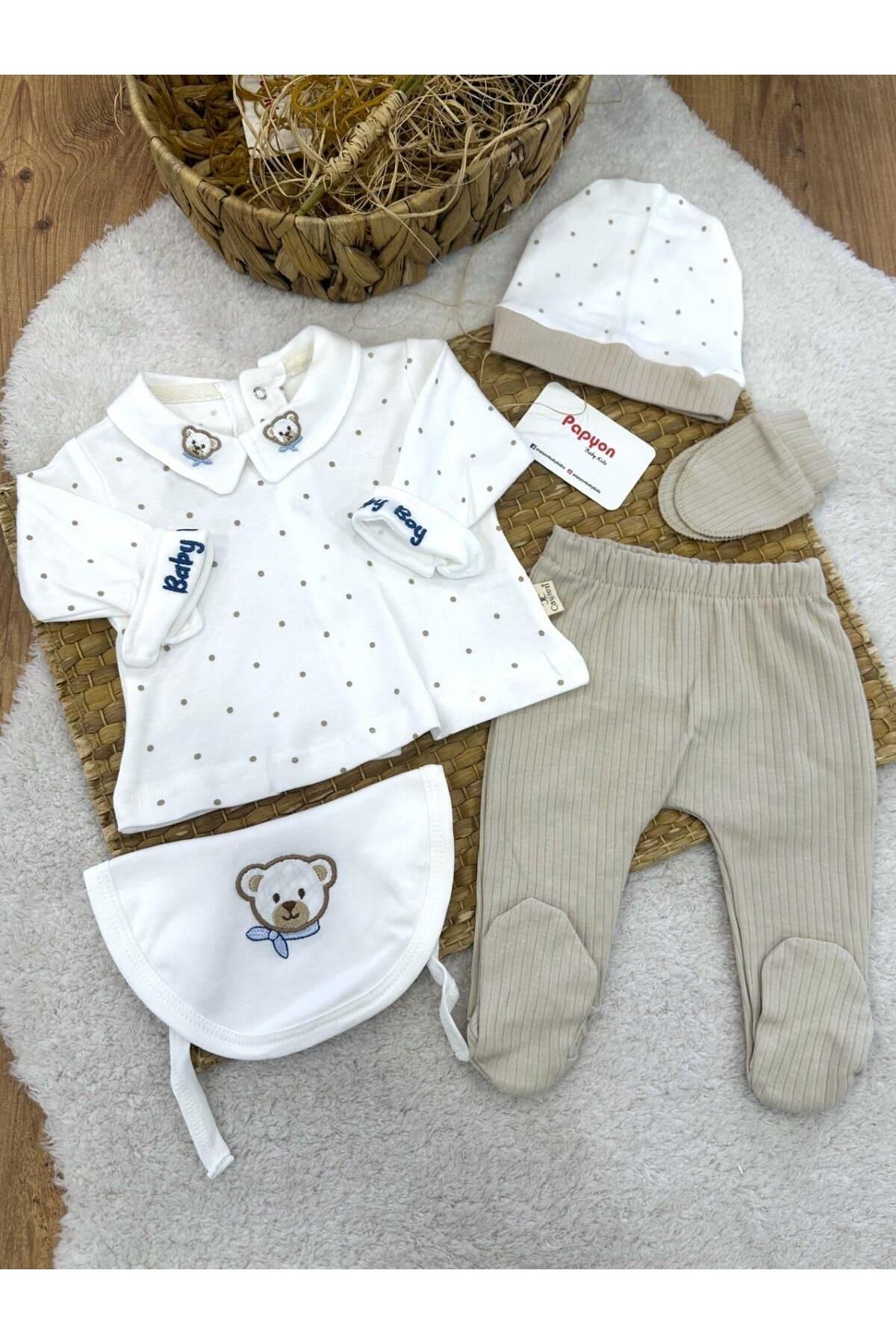 Papyon Baby Kids Yaka Ayıcık Nakışlı Puanlı Yenidoğan Erkek Bebek 5li Zıbın Set