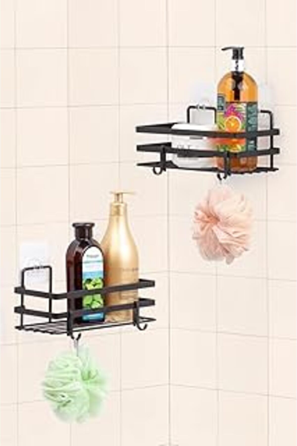 ASİTAN Sas Haus Ömür Boyu Paslanmaz Yapışkanlı Banyo Düzenleyici Şampuanlık Tek Katlı Duş Rafı 2 Adet Siya