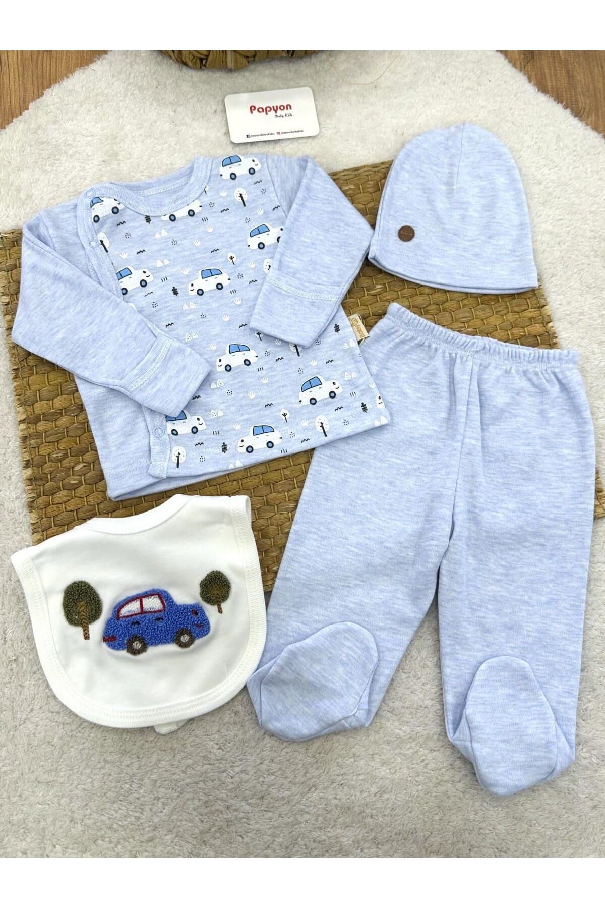 Papyon Baby Kids Araba Baskılı Yenidoğan Erkek Bebek 4lü Zıbın Set