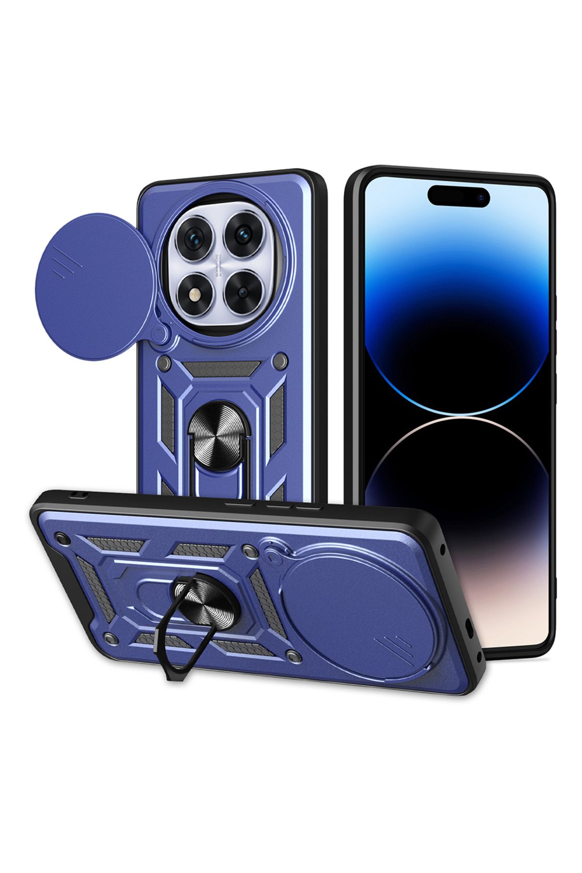 GRABONO Redmi Note 14 Pro Plus Kılıf Mıknatıslı Araç Tutuculu Yüzük ve Kapaklı Lens Korumalı Sürgülü Tank