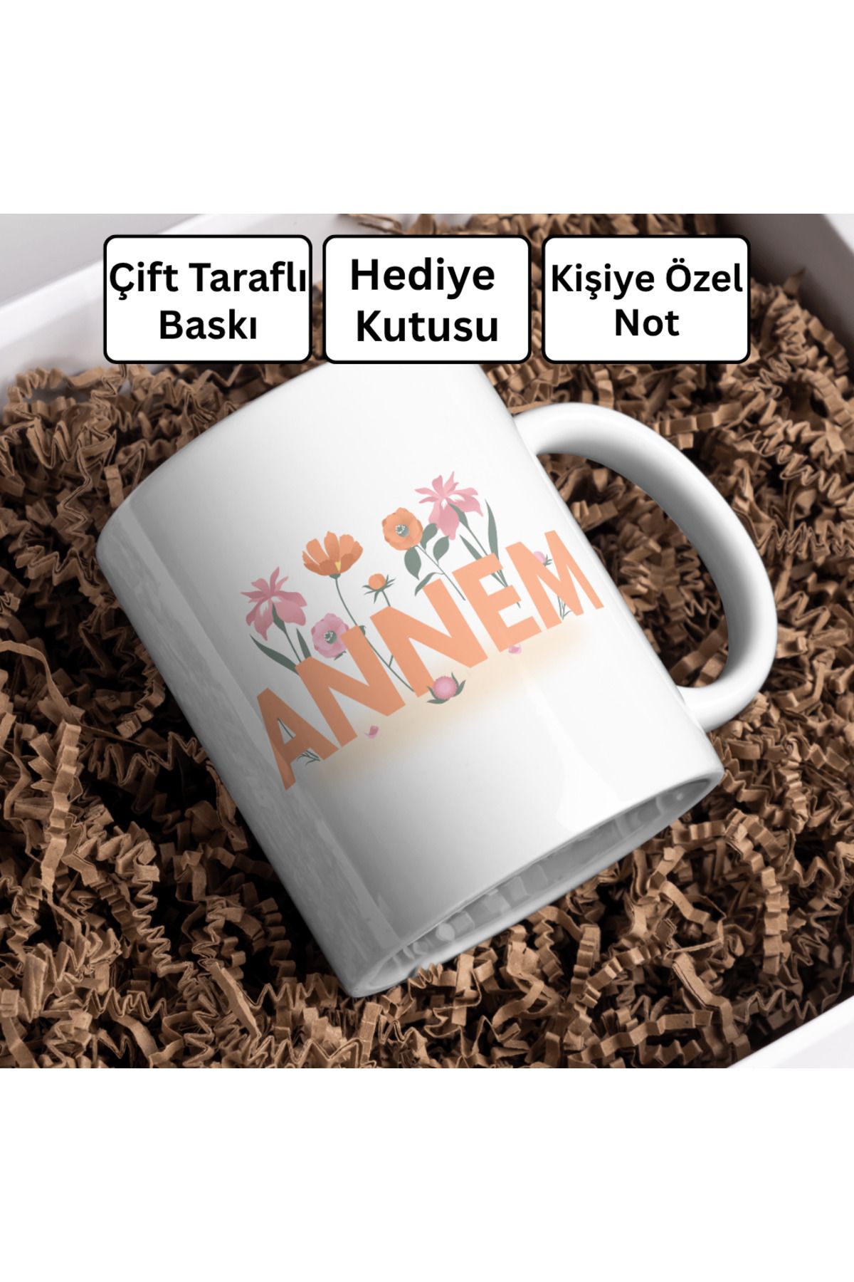 Decorbik Çiçeklerle Süslü Annem Yazılı Kupa | Hediye Kutulu + Kişiye Özel Notlu - Şık Anneler Günü Hediyesi