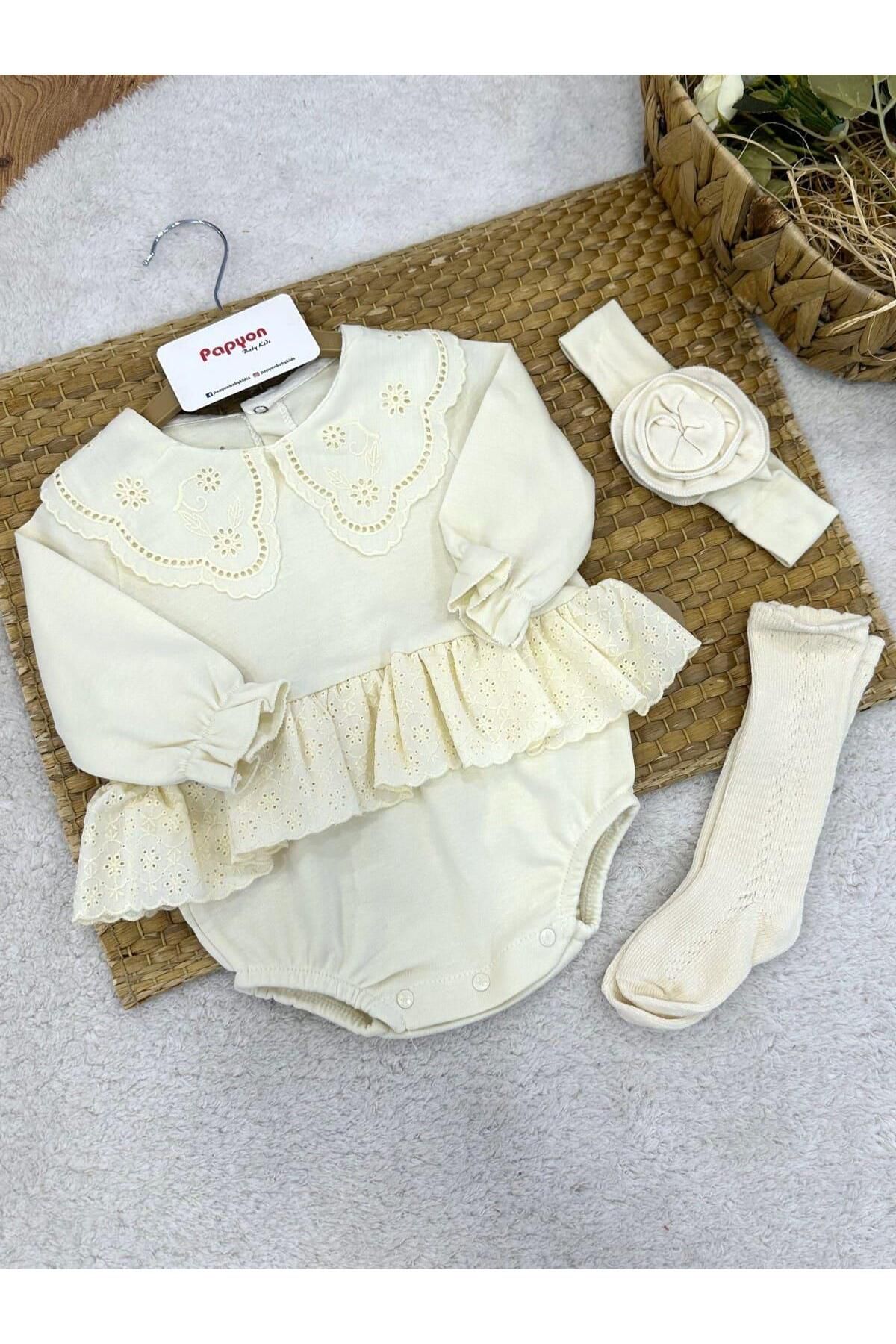 Papyon Baby Kids Elite Güpürlü Çoraplı Kız Bebek Romper Badi (3-6/6-9/9-12 Ay)