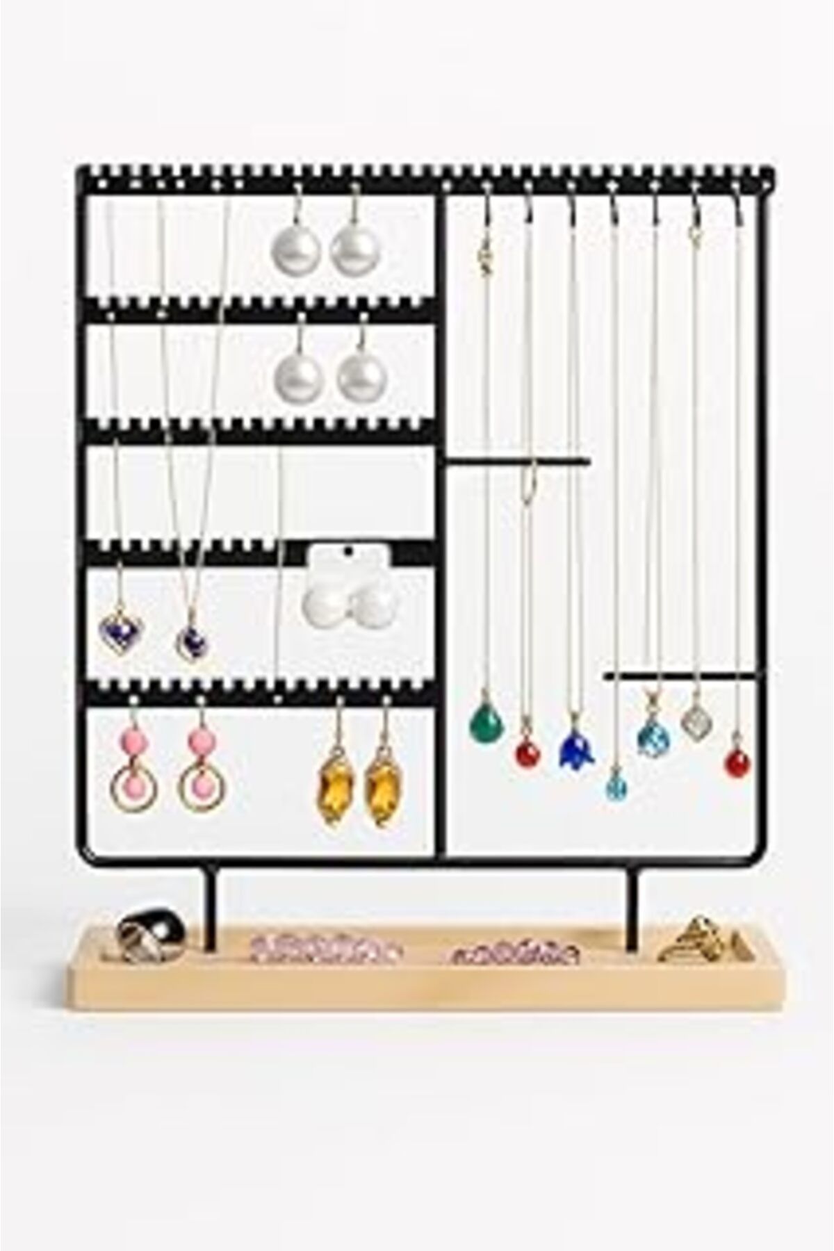 Pazarcan Onomo Takı Organizeri, Takı Standı Metal Stand Ve Ahşap Taban, 35X30X9.5 Cm, Küpe Kolye Yüzük Düzen