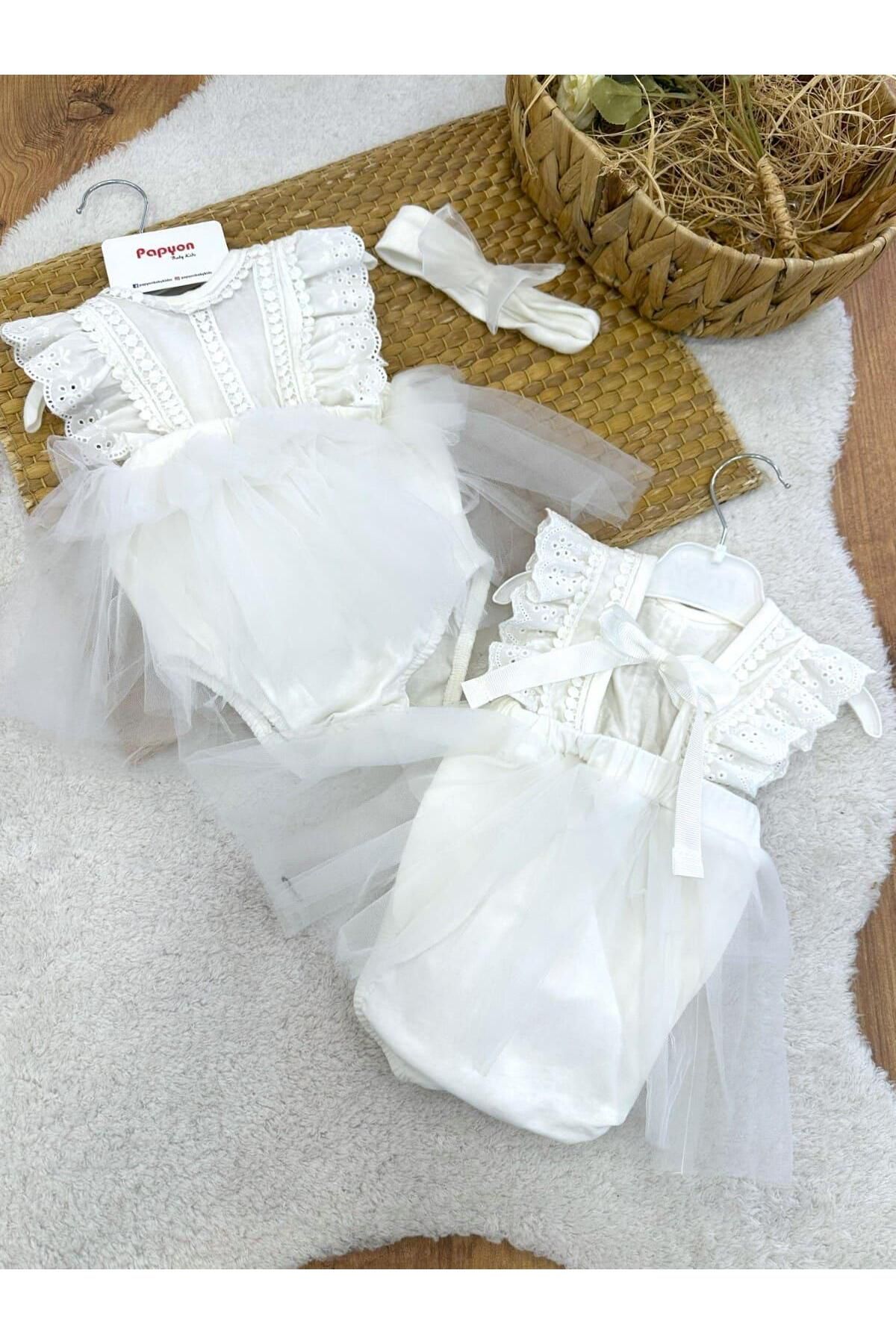 Papyon Baby Kids Swan Tüllü Güpürlü Bandanalı Kız Bebek Romper Badi Elbise (3-6/6-9/9-12/12-18 Ay)